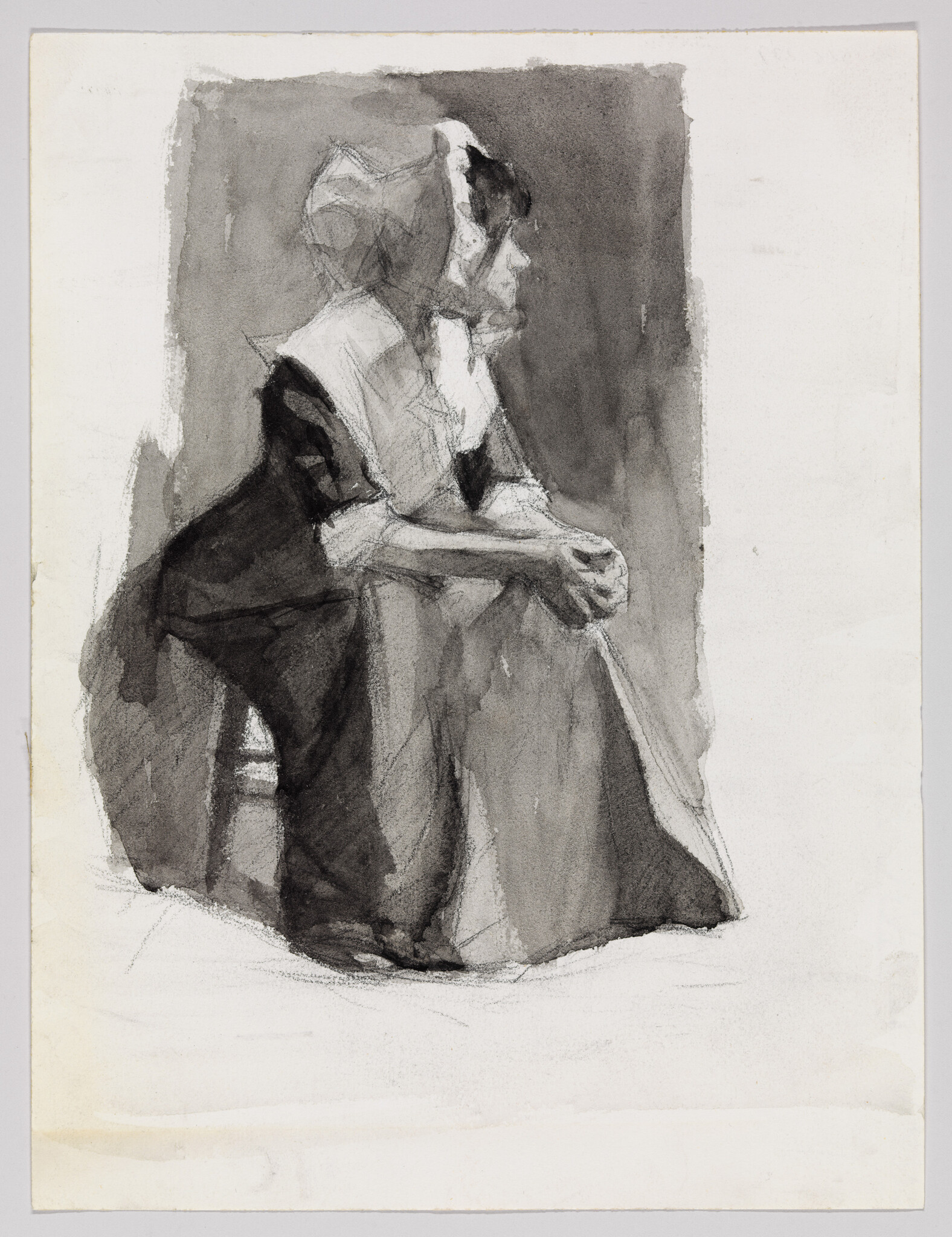 A seated woman in a bonnet and dress leans forward with her hands clasped.