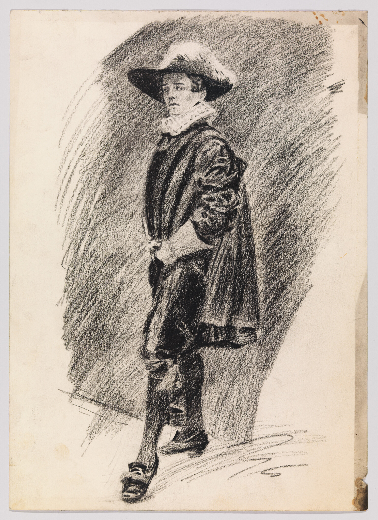 A person in a wide-brimmed hat and cape strides forward in historical costume.