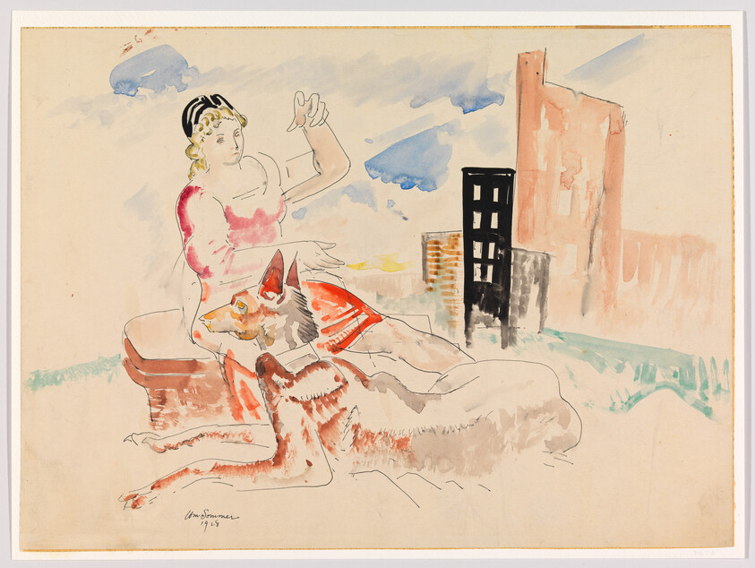 A reclining woman gestures above a large dog lying beside her against a loose city backdrop.