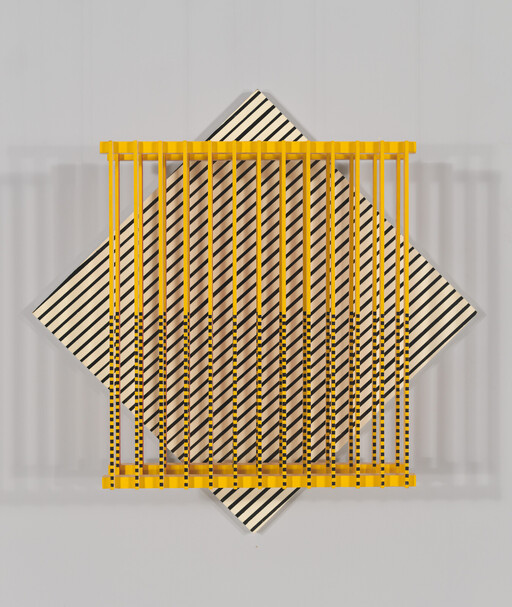 Yellow vertical bars overlay a rotated black-and-white striped square, casting soft shadows on a gray background.