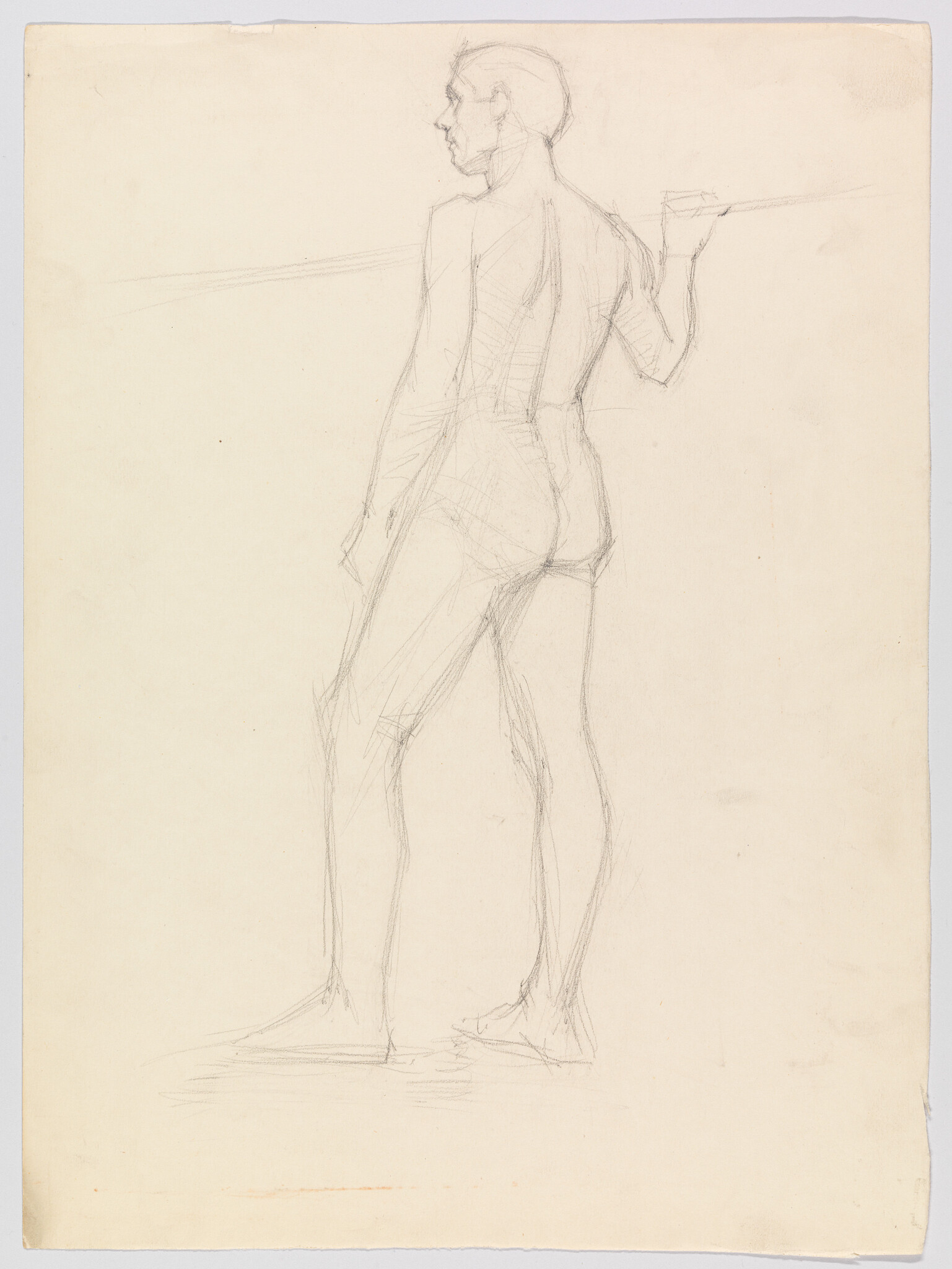 A pencil sketch of a standing male nude seen from the back holding a horizontal rod.