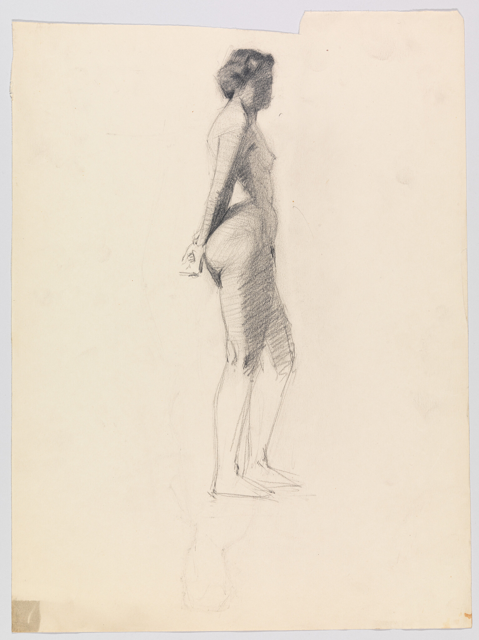 A charcoal sketch of a standing nude woman in profile with hands clasped behind her back.