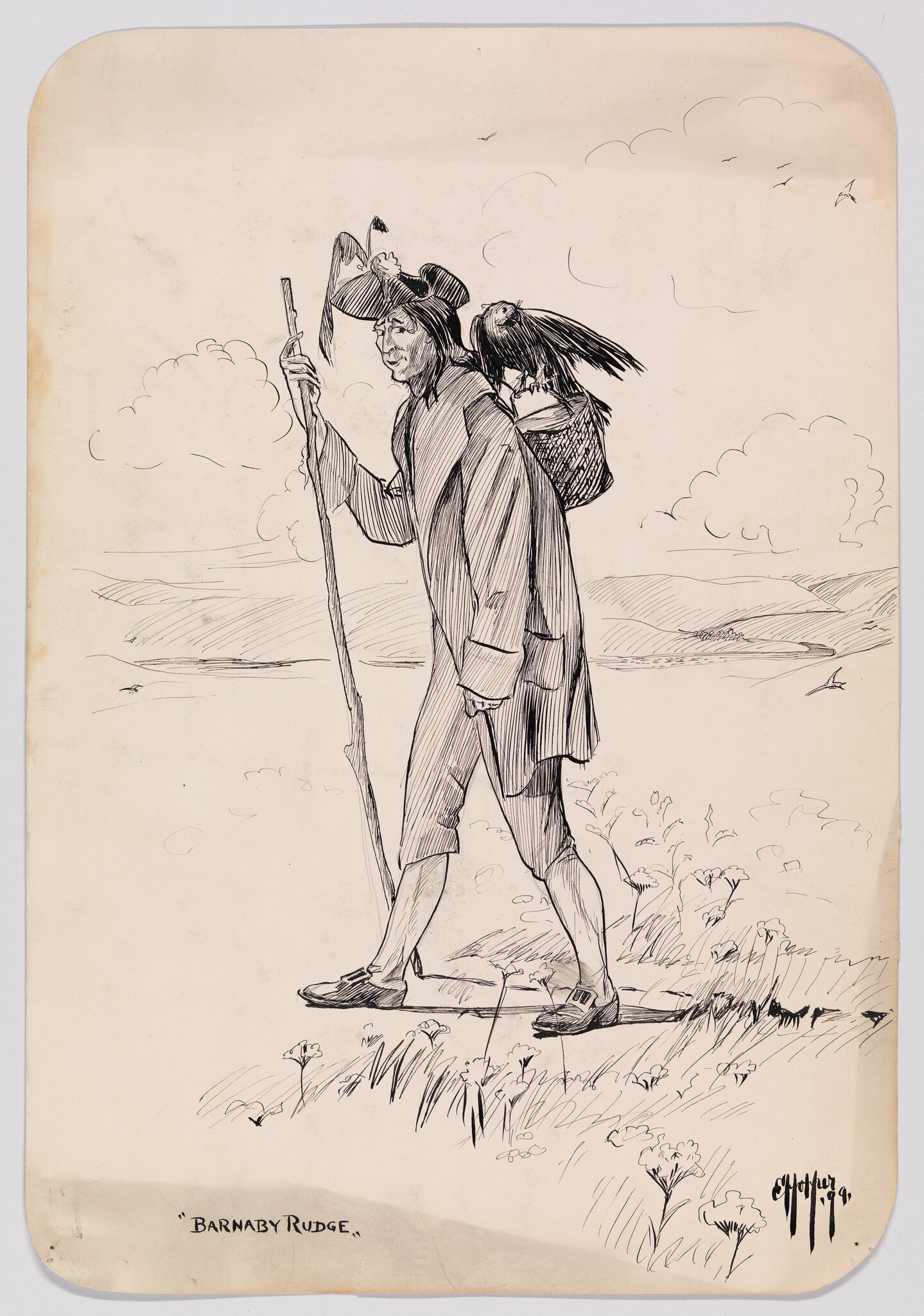 An older man in a coat walks with a staff while carrying a large bird in a basket.