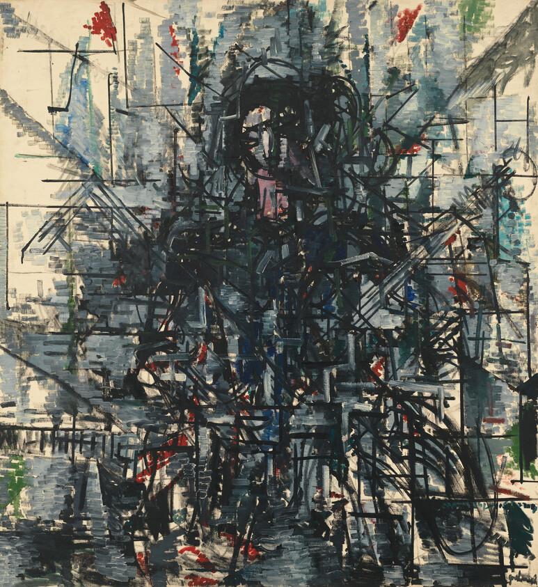 Dark abstract human figure made of intersecting brushstrokes and lines against a pale background.