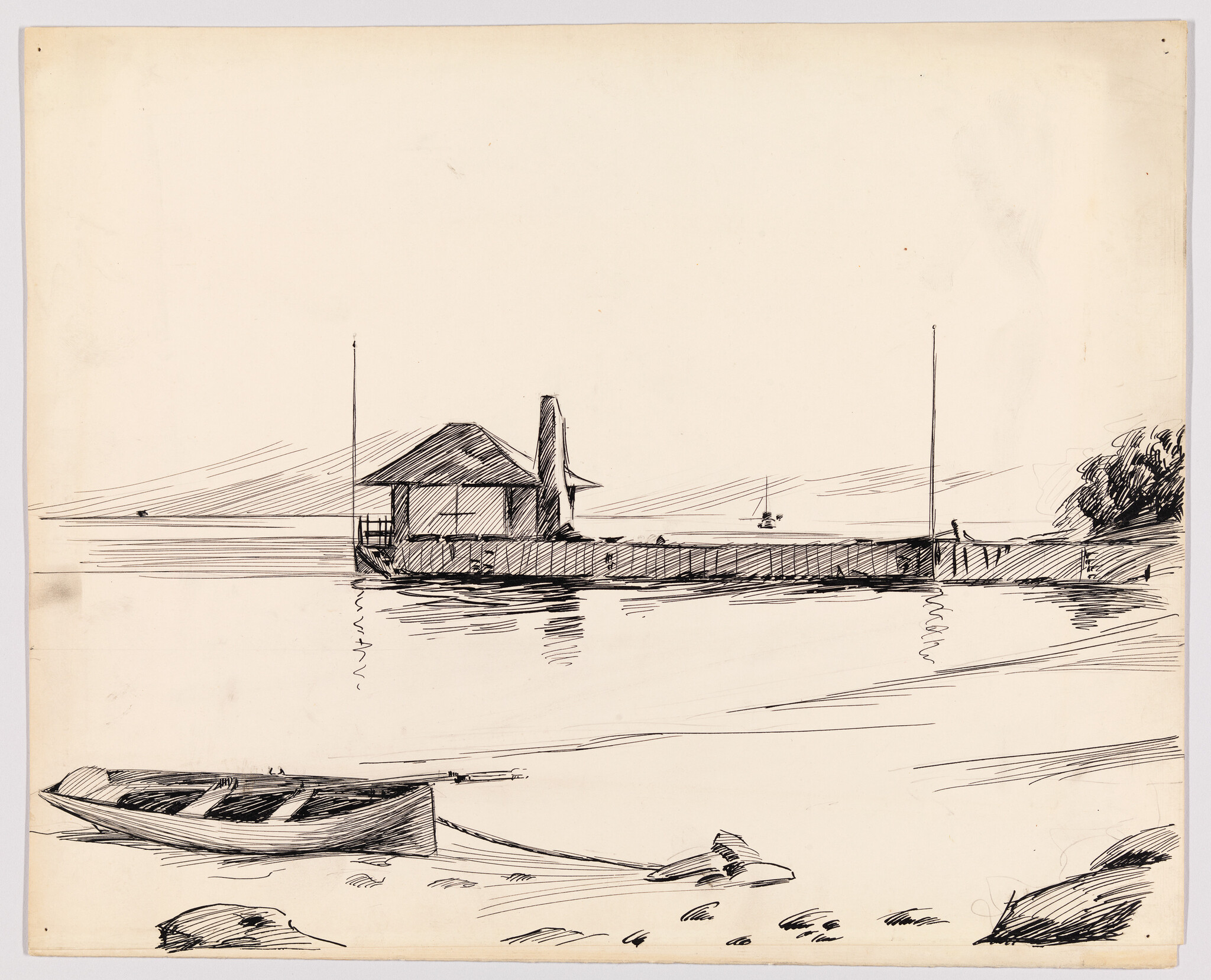 A small rowboat on the shore with a boathouse and dock across calm water.