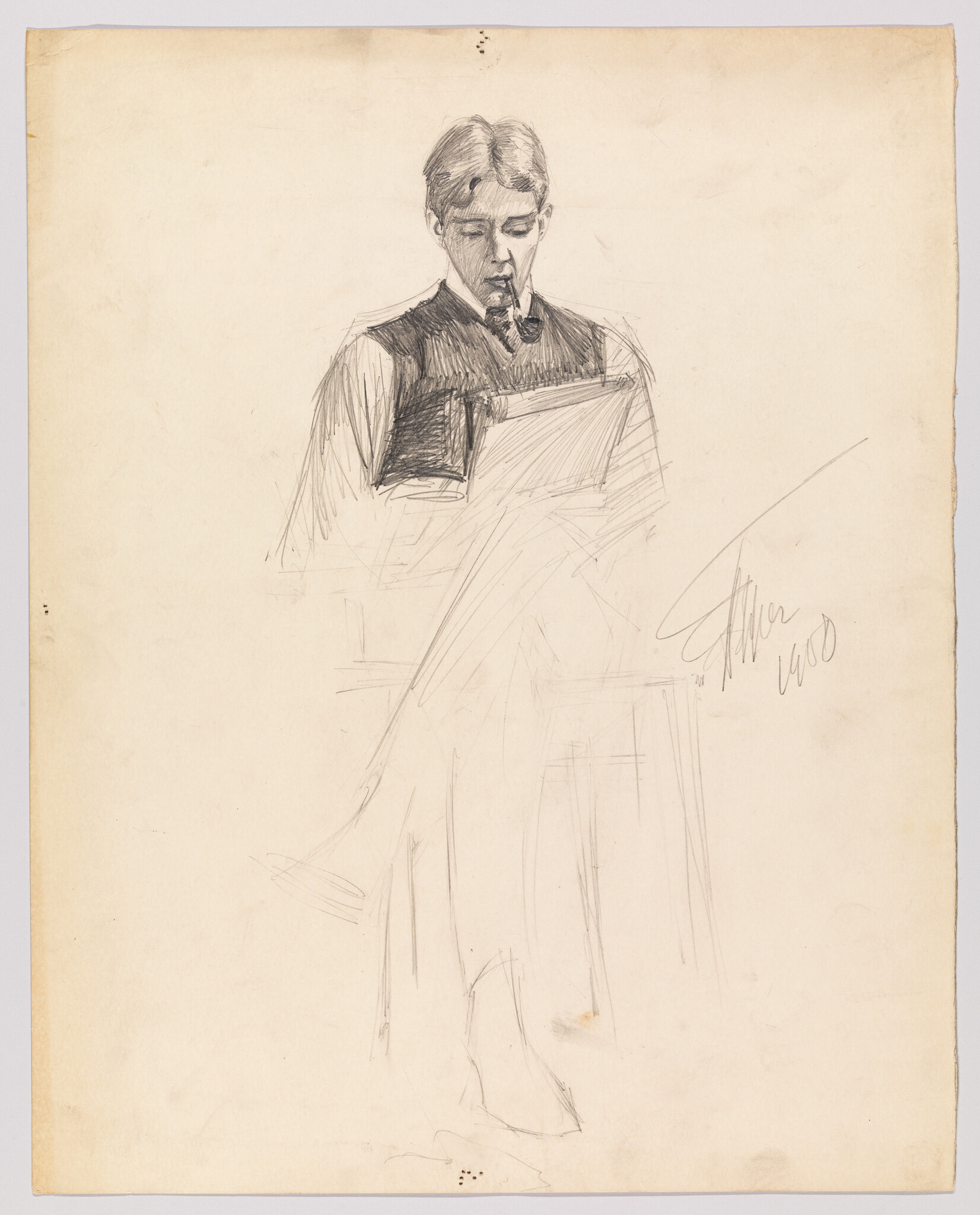 Young man seated, smoking a pipe while reading from a book or notebook.