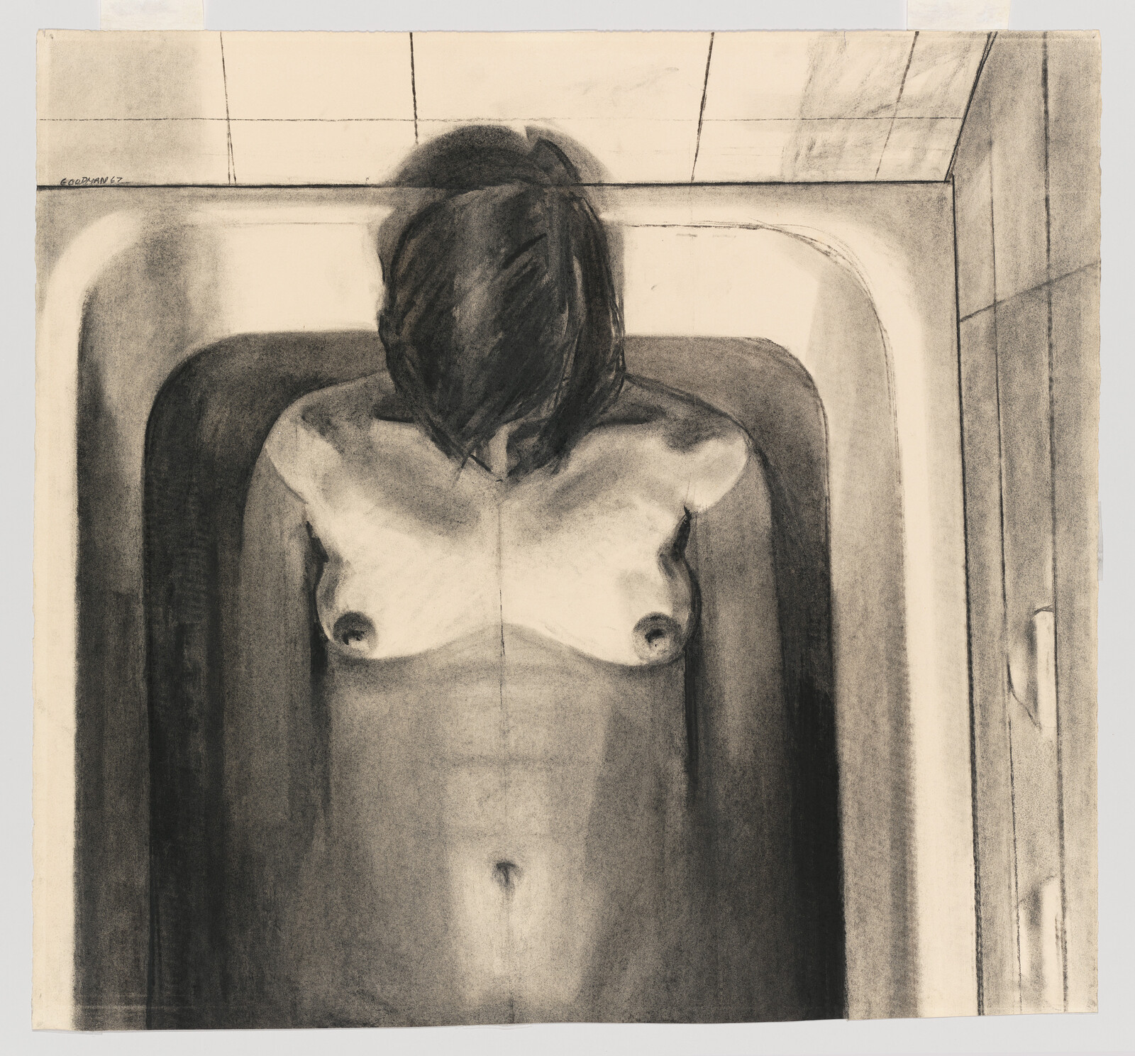 A charcoal drawing shows a nude person lying in a bathtub with their head bowed.
