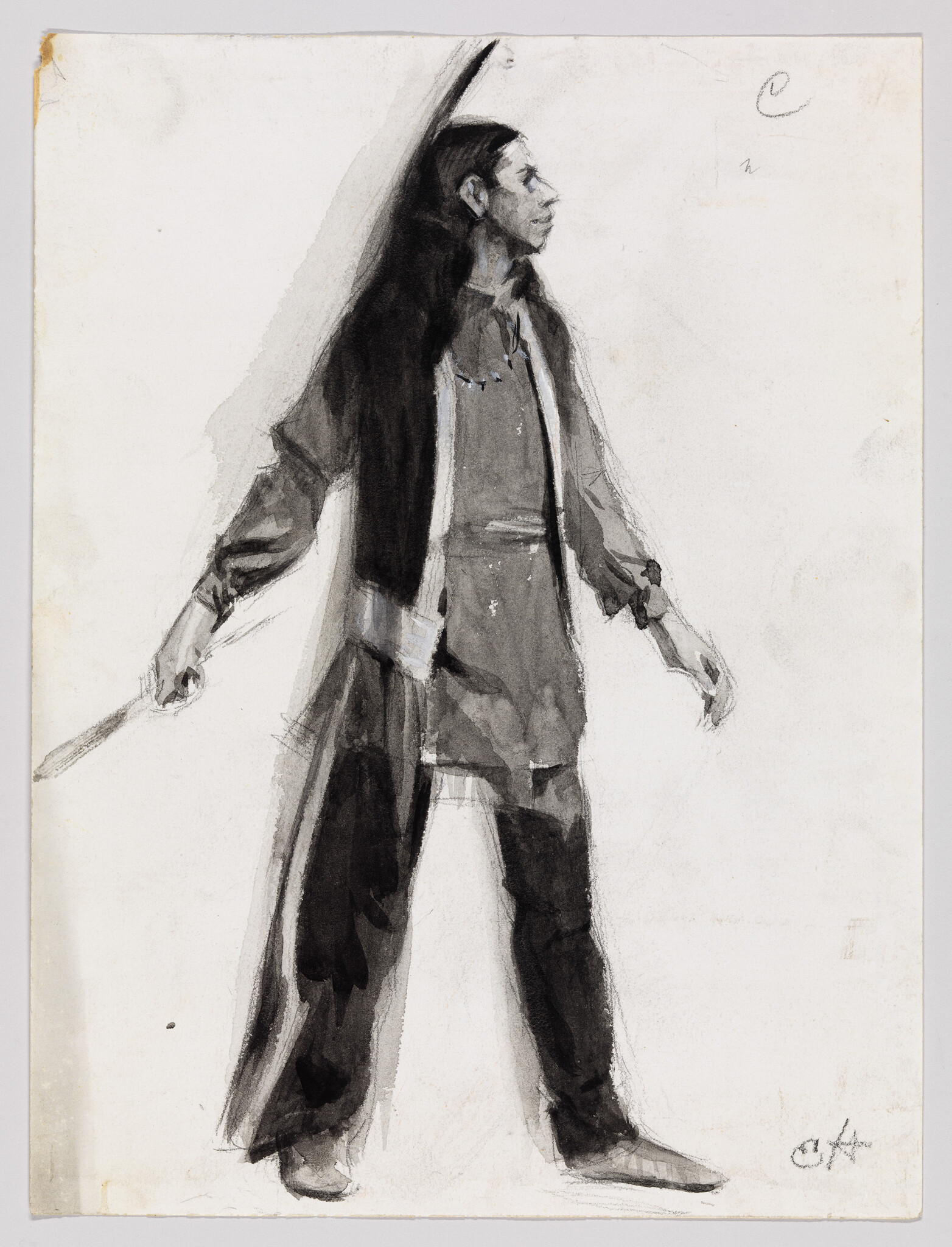 A monochromatic sketch of a standing figure, possibly a Native American man, depicted in profile with long hair and traditional attire, holding a spear with a cloth or flag trailing behind. The artwork is rendered in grayscale with expressive brushstrokes, and there are some faint markings or scribbles in the background. The artist's signature is visible at the bottom right corner.