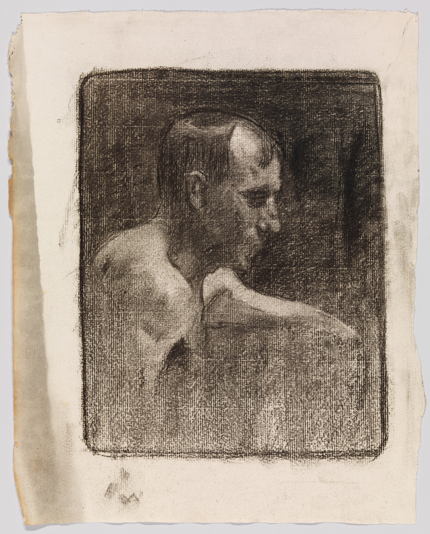 A charcoal sketch of a shirtless man in profile looking downward with rounded shoulders.