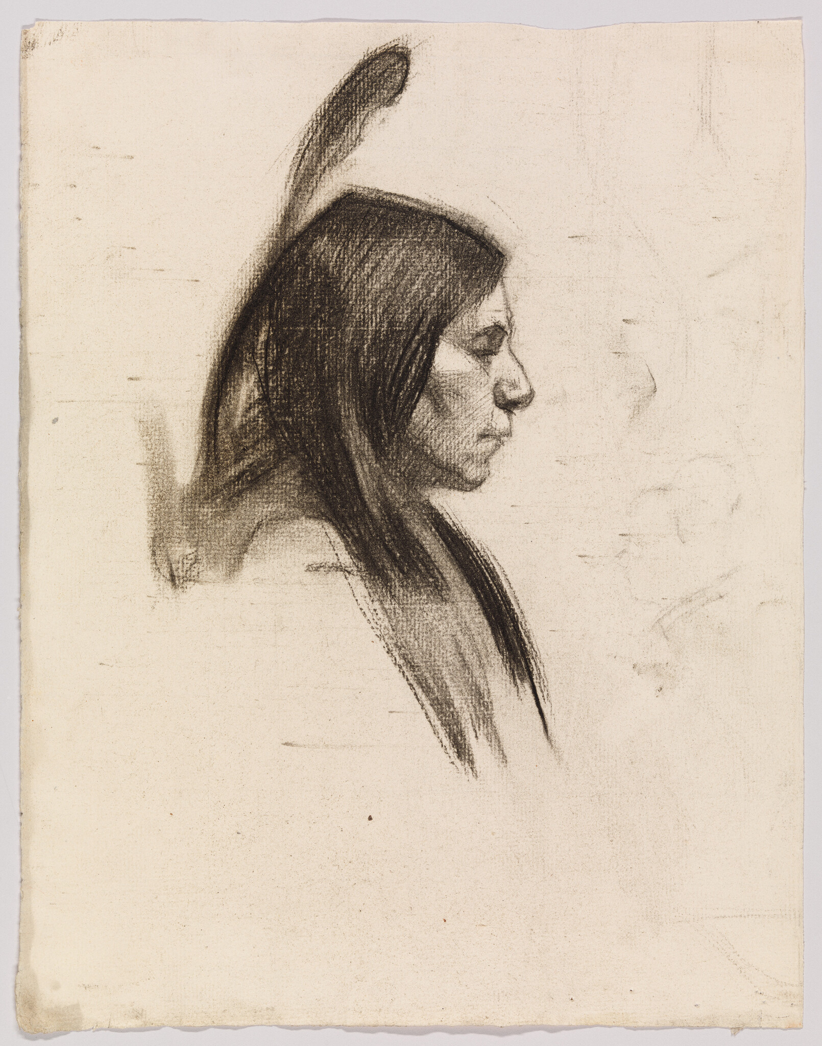 A charcoal portrait shows a person in profile with long hair and a single feather.