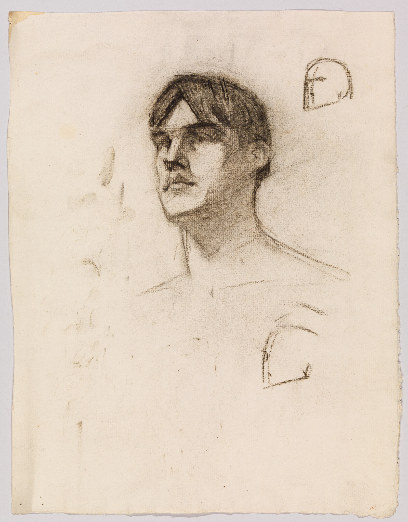 Charcoal sketch shows a young man's head and shoulders looking upward, with small helmet studies.