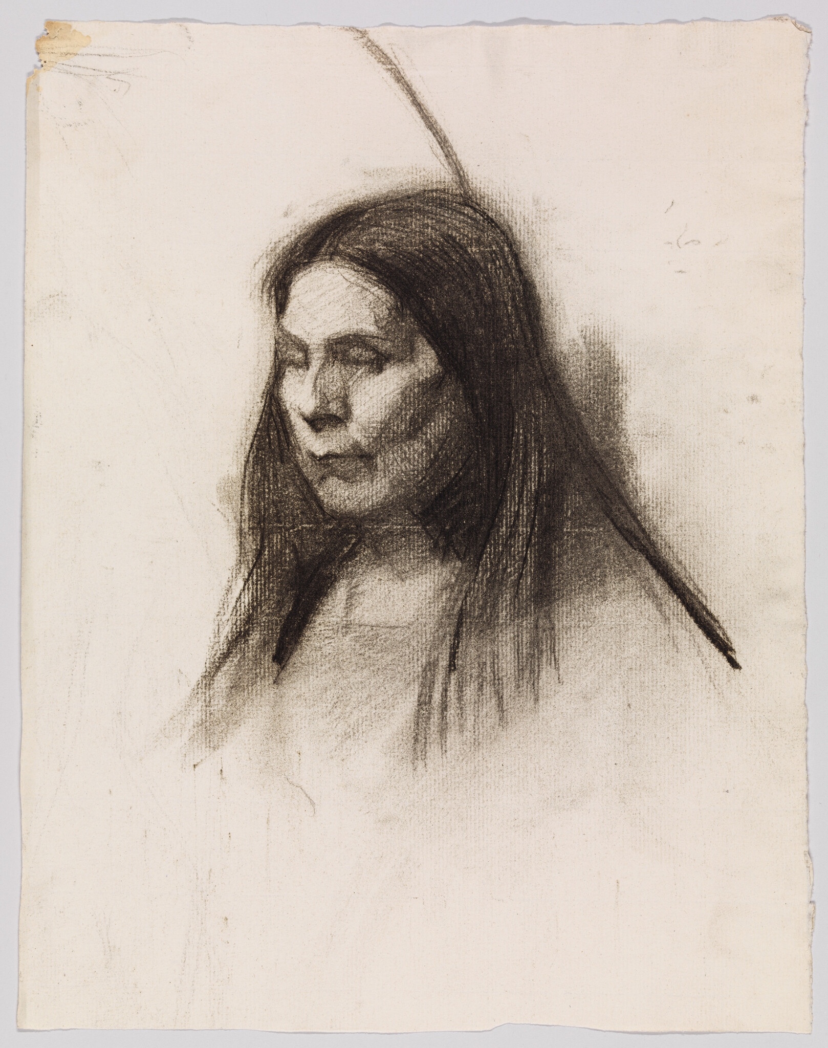 A charcoal portrait of a young woman with long hair looking slightly to the left.