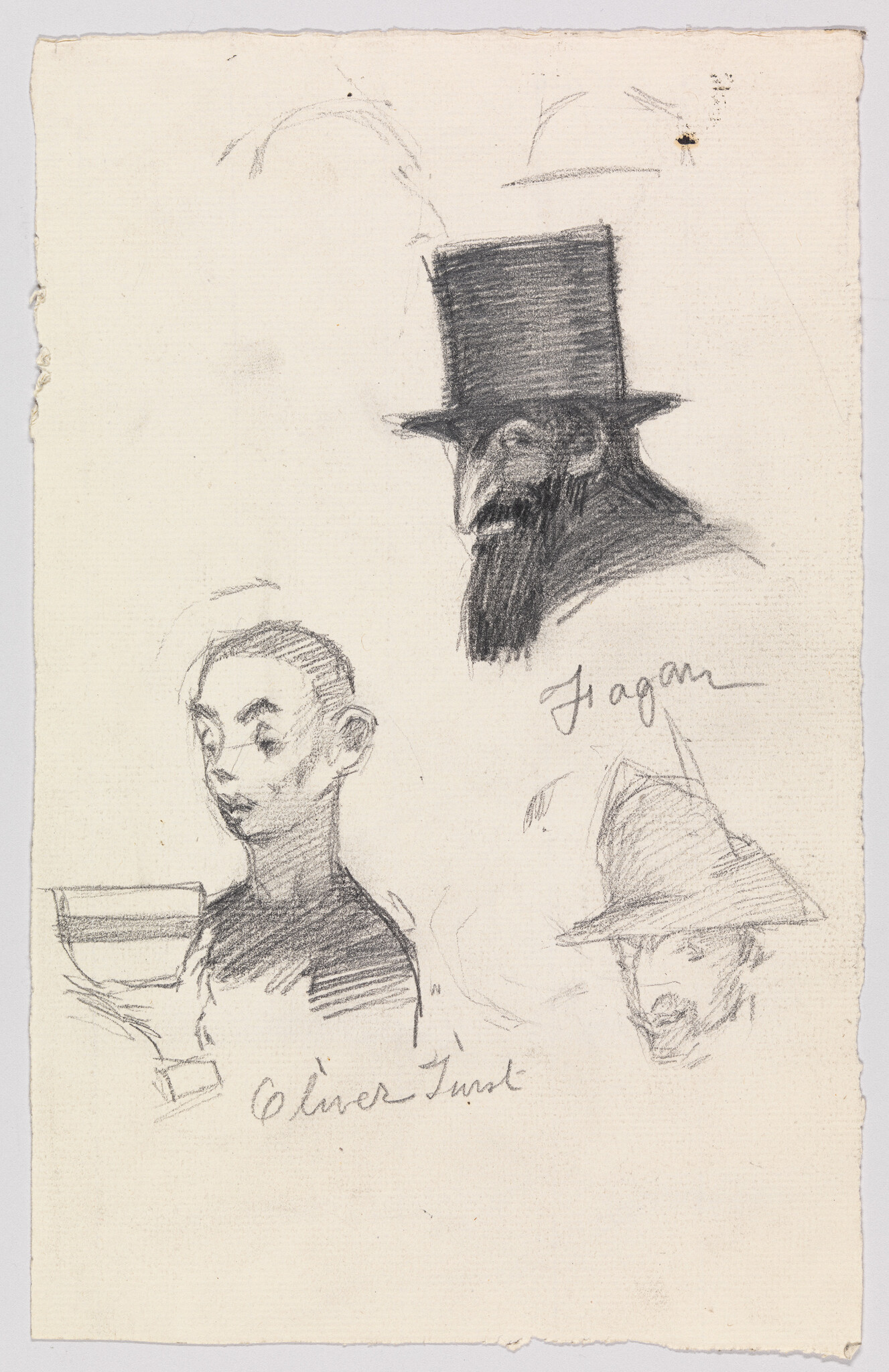Three pencil sketches show a bearded man in a top hat, a youth holding a bowl, and a hat.