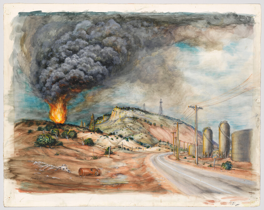 Large oil well fire billows dark smoke over a desert road with nearby storage tanks.