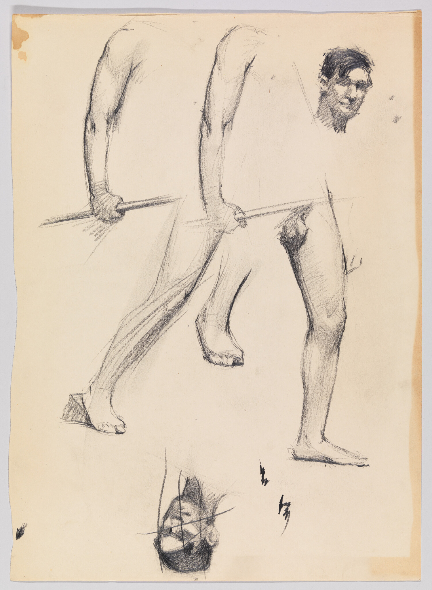 Multiple charcoal figure sketches showing a man gripping a pole and walking, with head studies.
