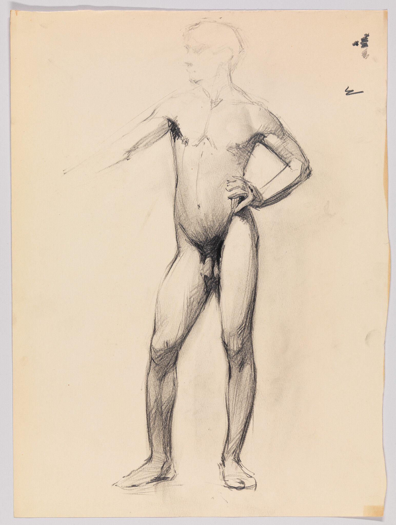 Standing nude male figure with one hand on hip and the other arm extended outward.