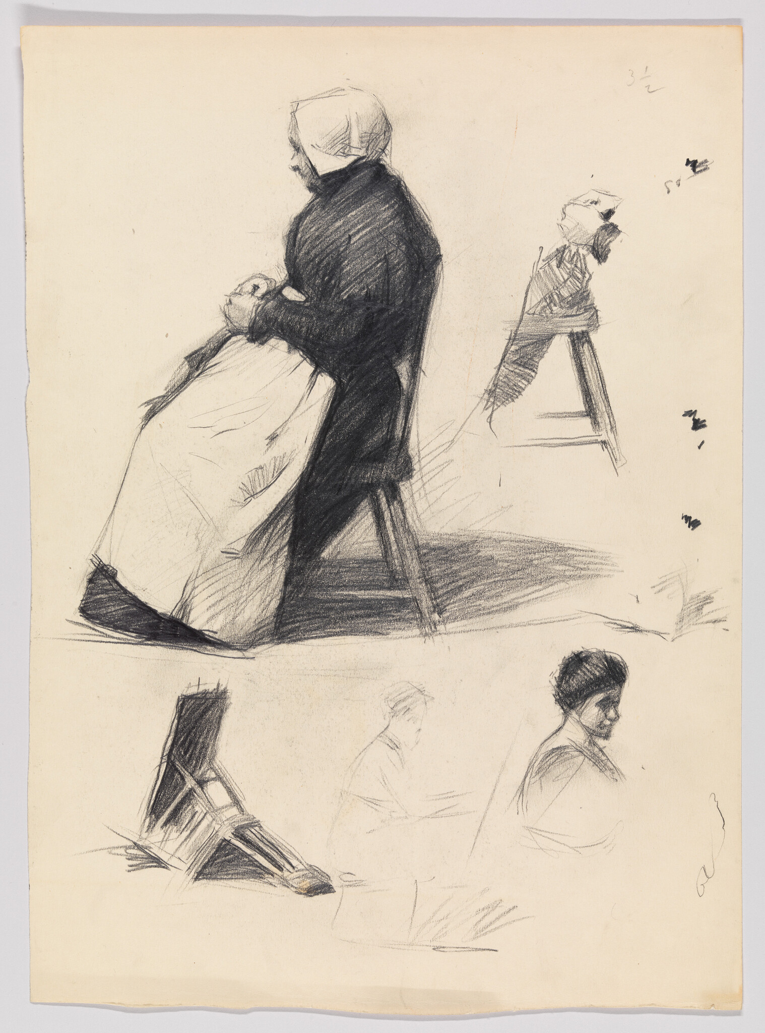 An artist's charcoal sketch of a seated woman in a bonnet and apron, hands clasped on her lap.