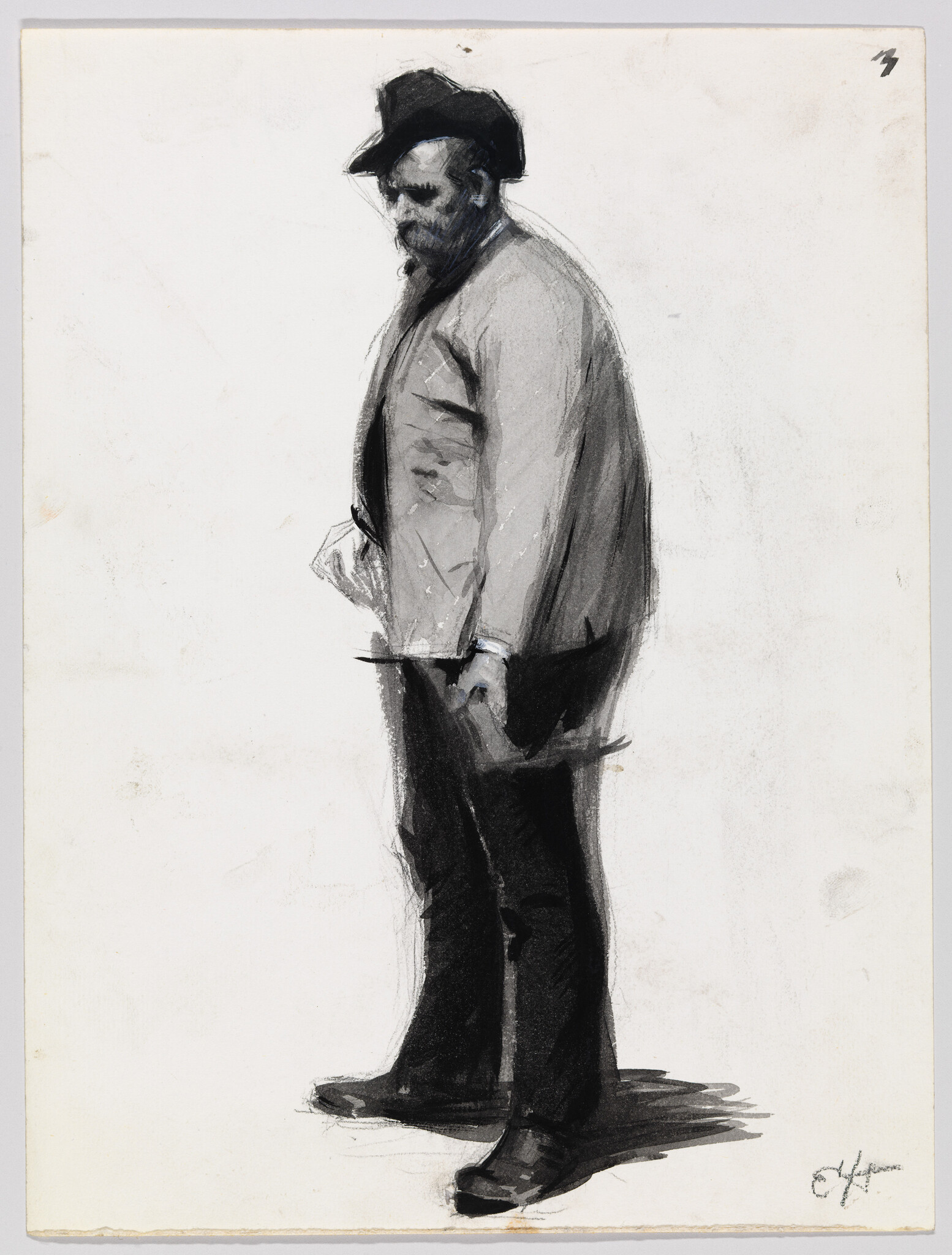 A bearded man in a hat and coat stands looking down with hands at his sides.