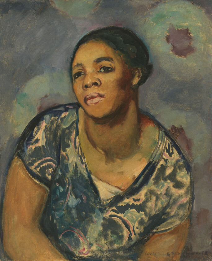 A woman in a patterned dress gazes thoughtfully, set against a colorful, abstract background.