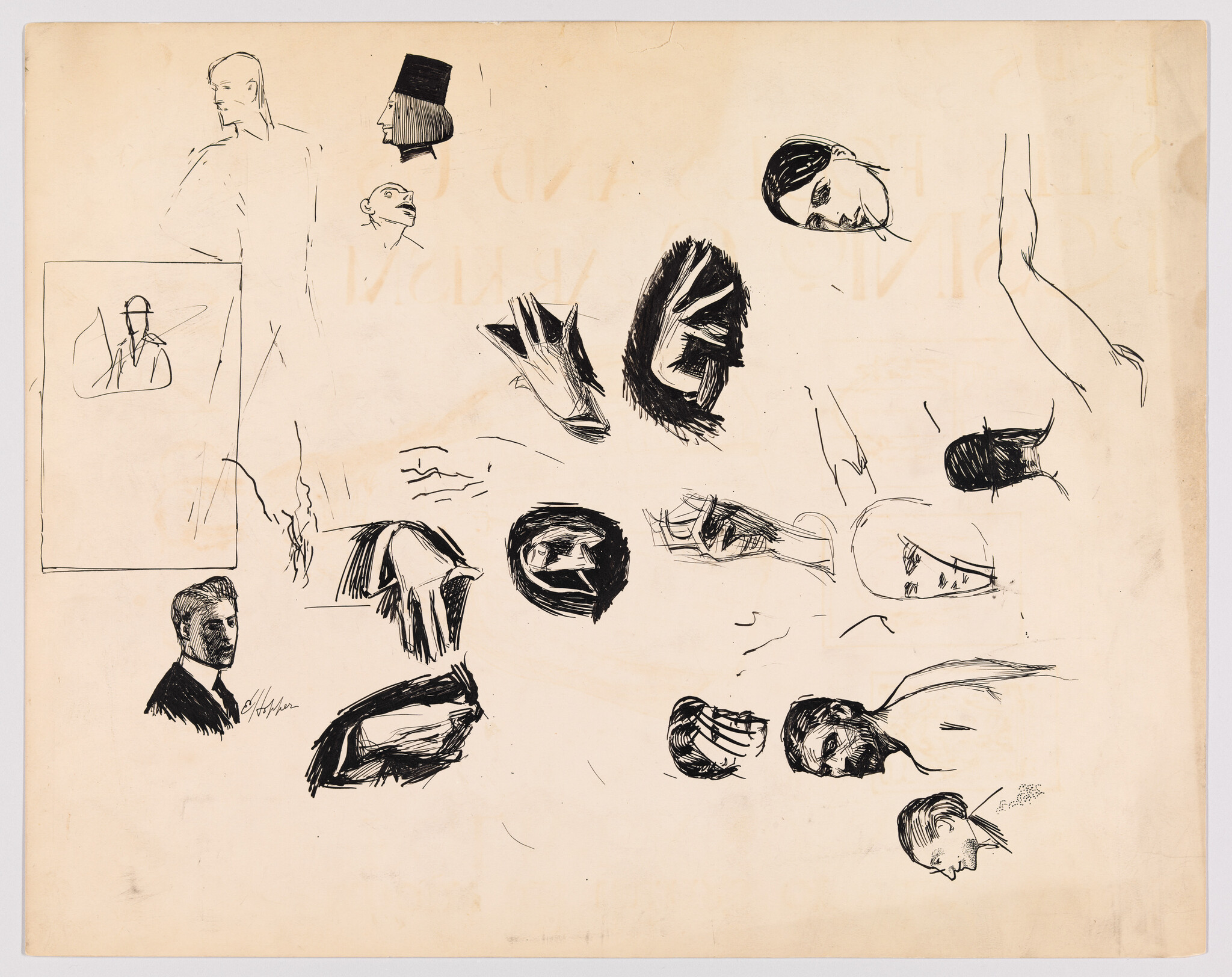 Several ink sketches of heads, hands, and facial expressions scattered across a blank page.