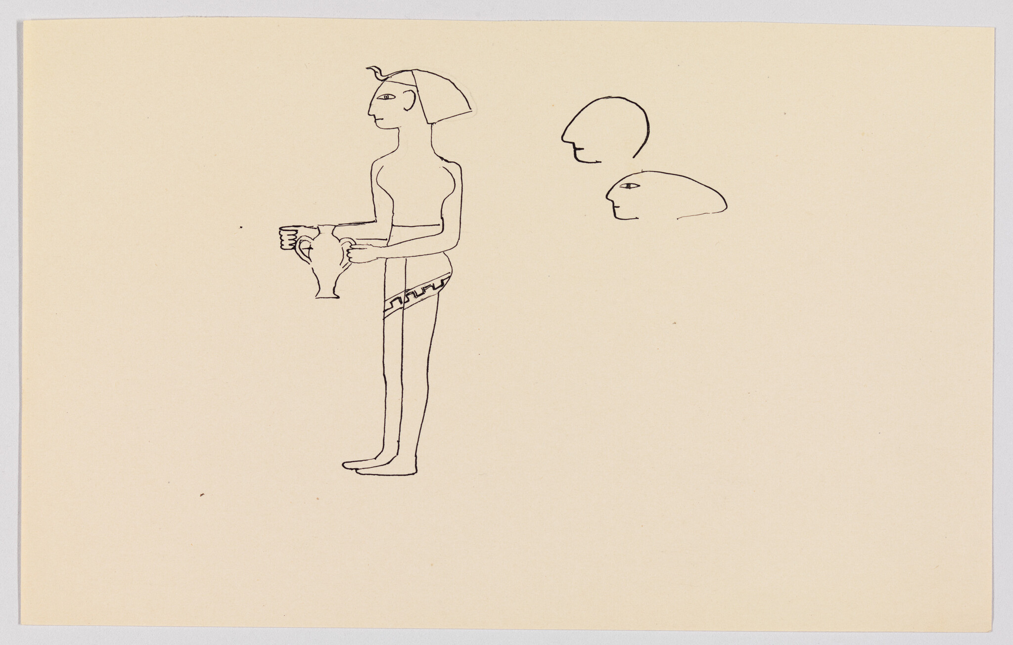 A standing ancient-style figure holds a two-handled vase while two profile heads float nearby.