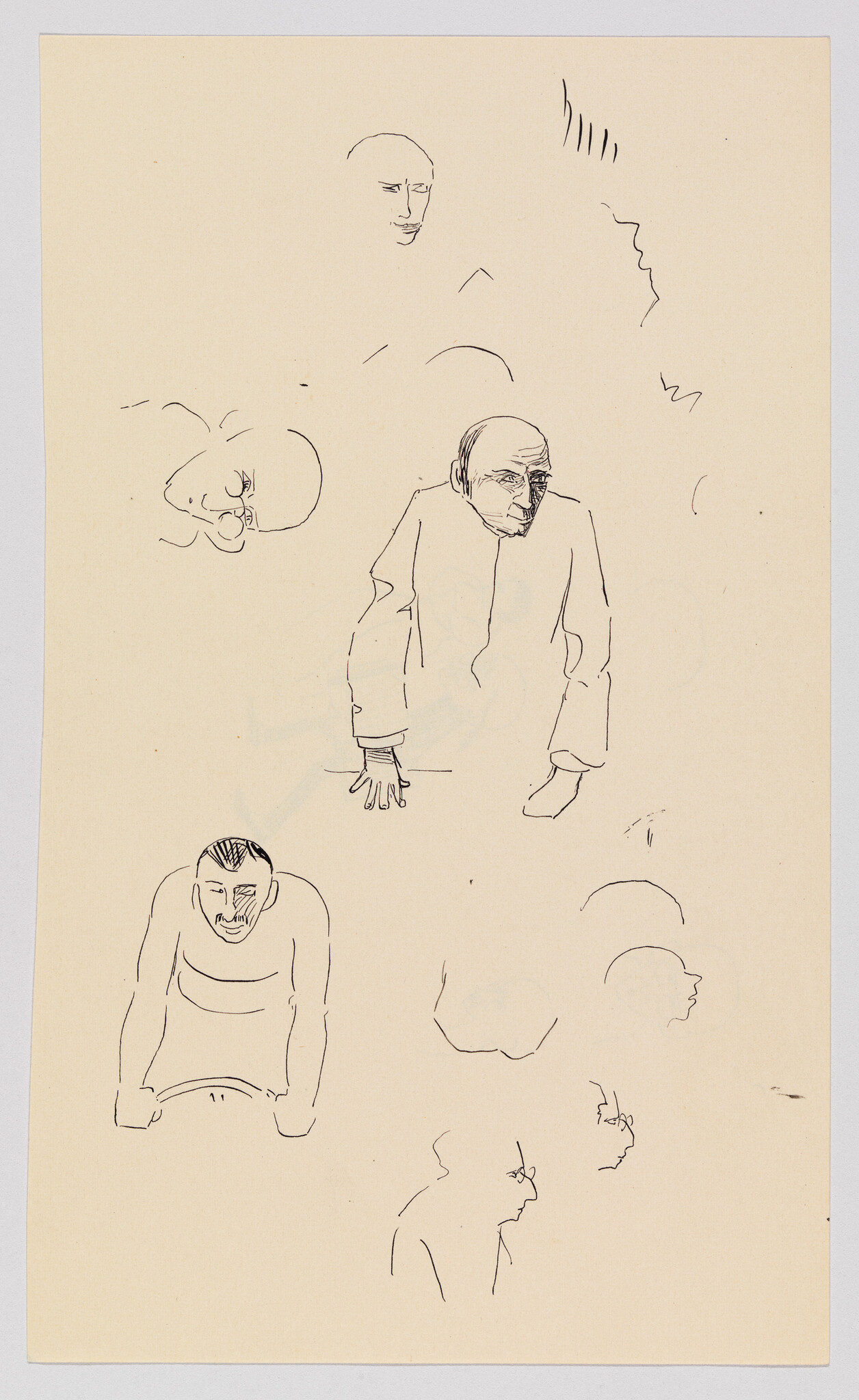 Several quick ink sketches of men, including a central man leaning forward with hand on table.