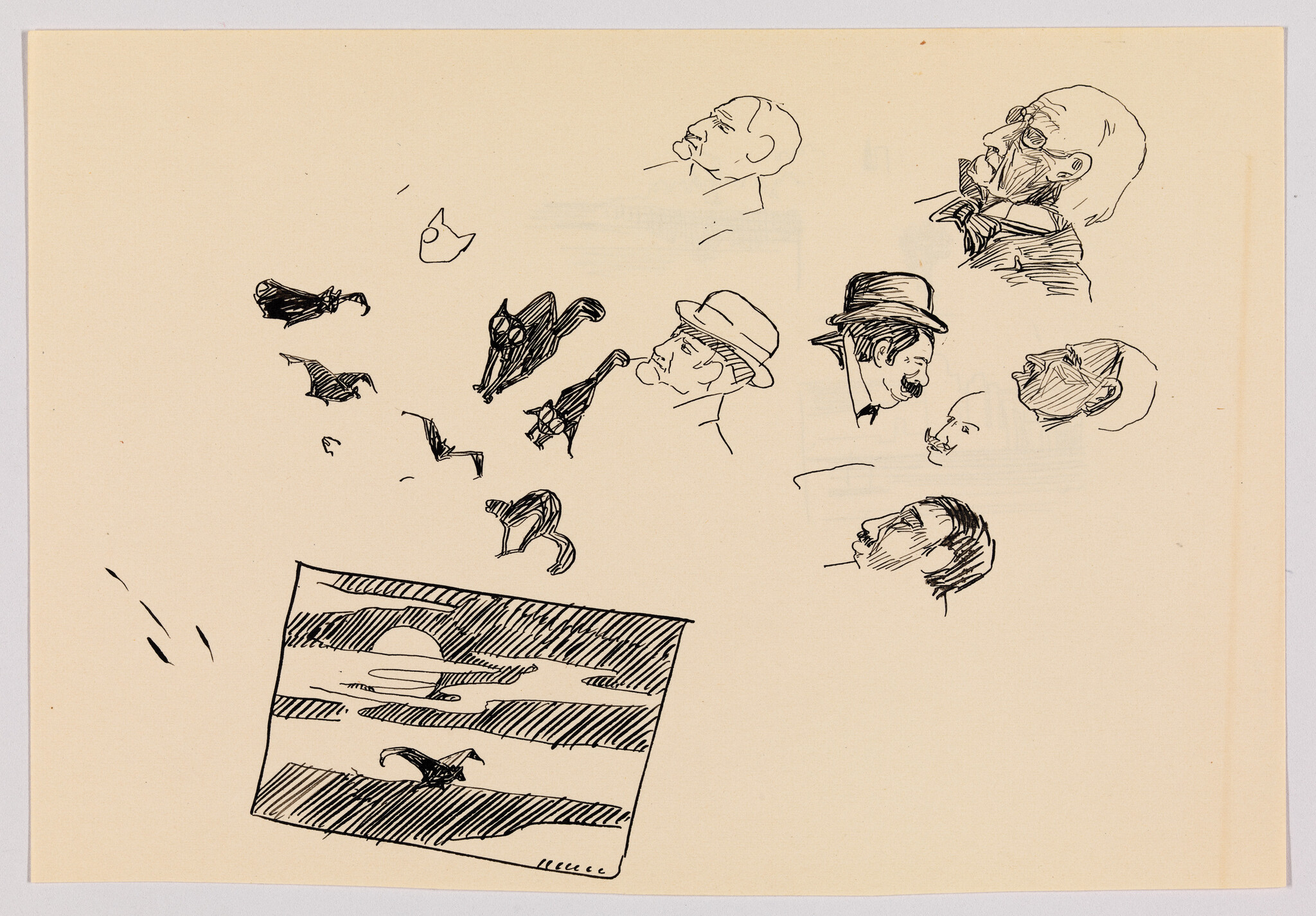 Several quick ink sketches of men’s head profiles and flying birds with a small sunset scene.