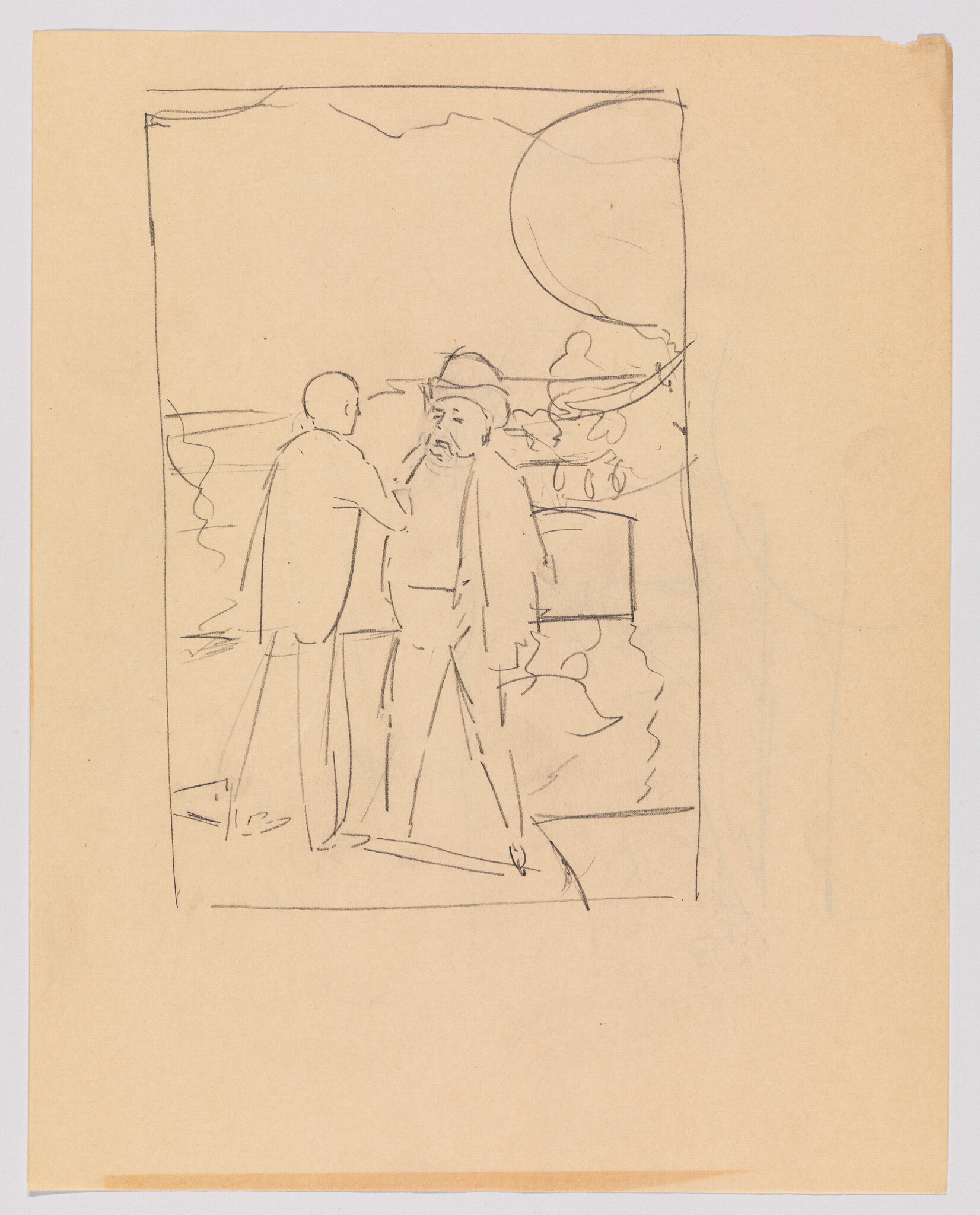 Two men stand by a railing as one man touches the shoulder of a bearded man.