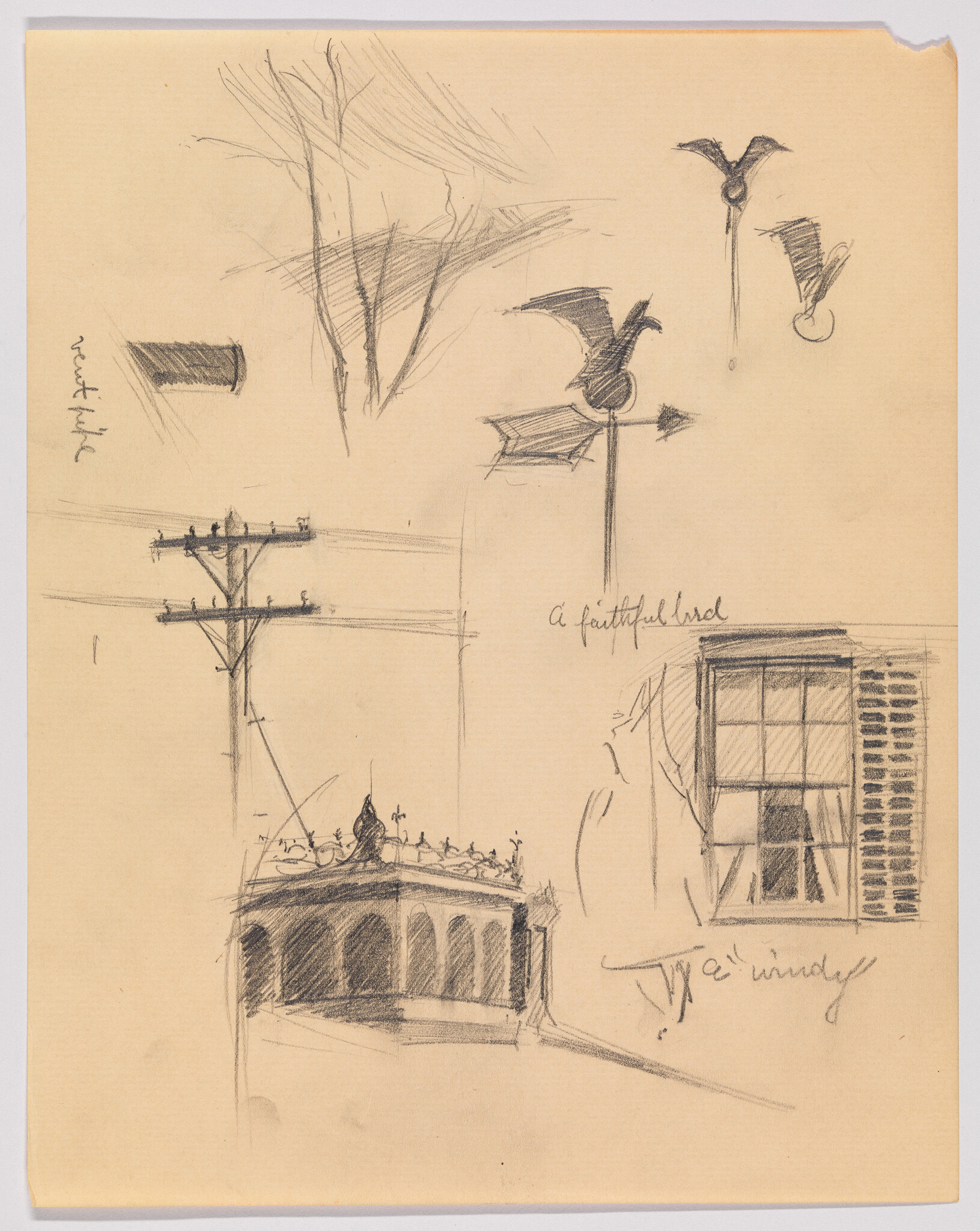 Pencil sketches of a rooftop with a bird-shaped weather vane, nearby utility pole, and window.