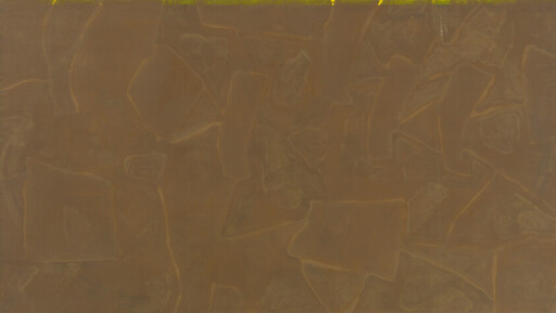 A brown textured wall with irregular plaster shapes and a thin yellow-green strip along the top.