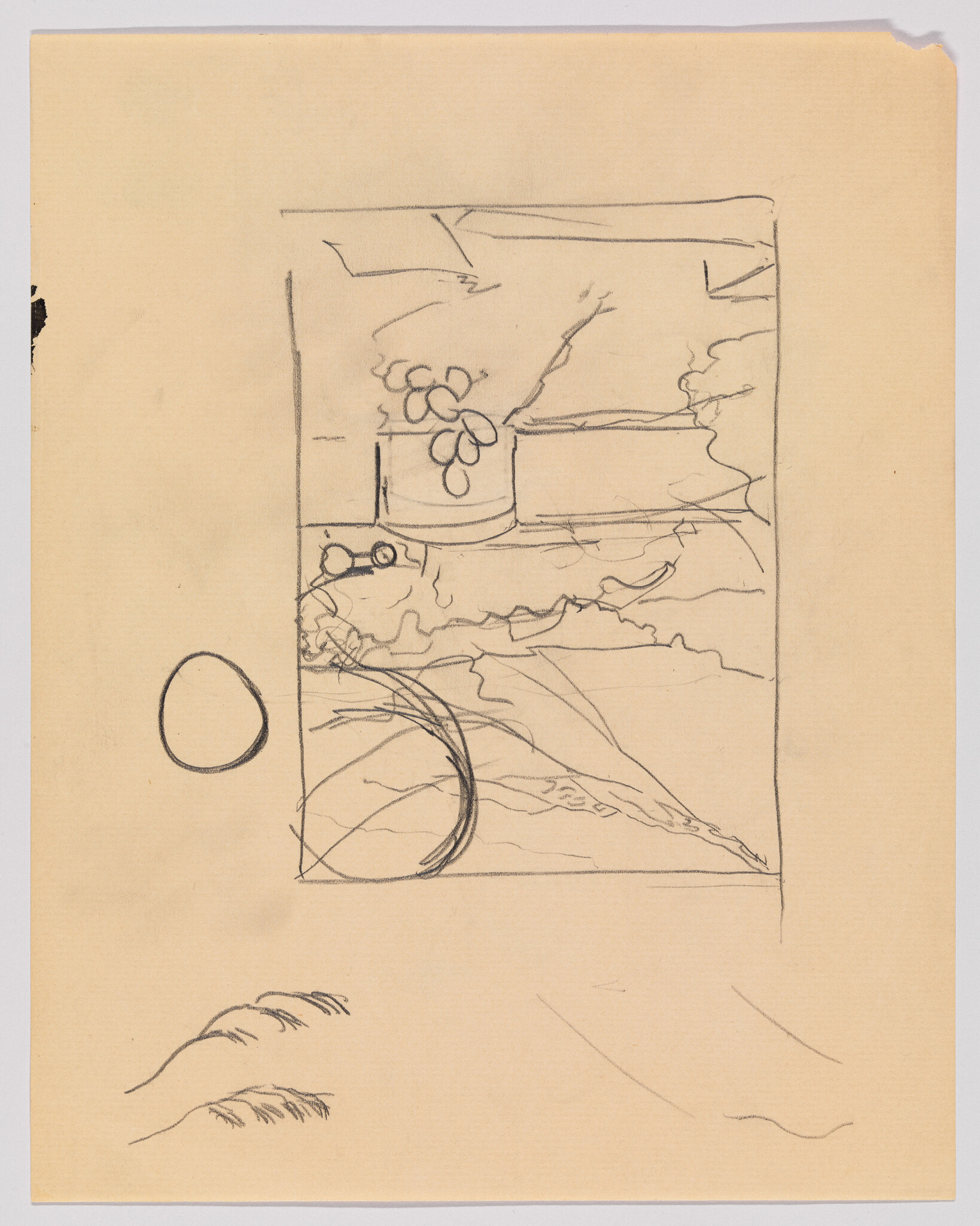 Rough pencil sketch of a landscape with a potted plant, round shapes, and loose lines.
