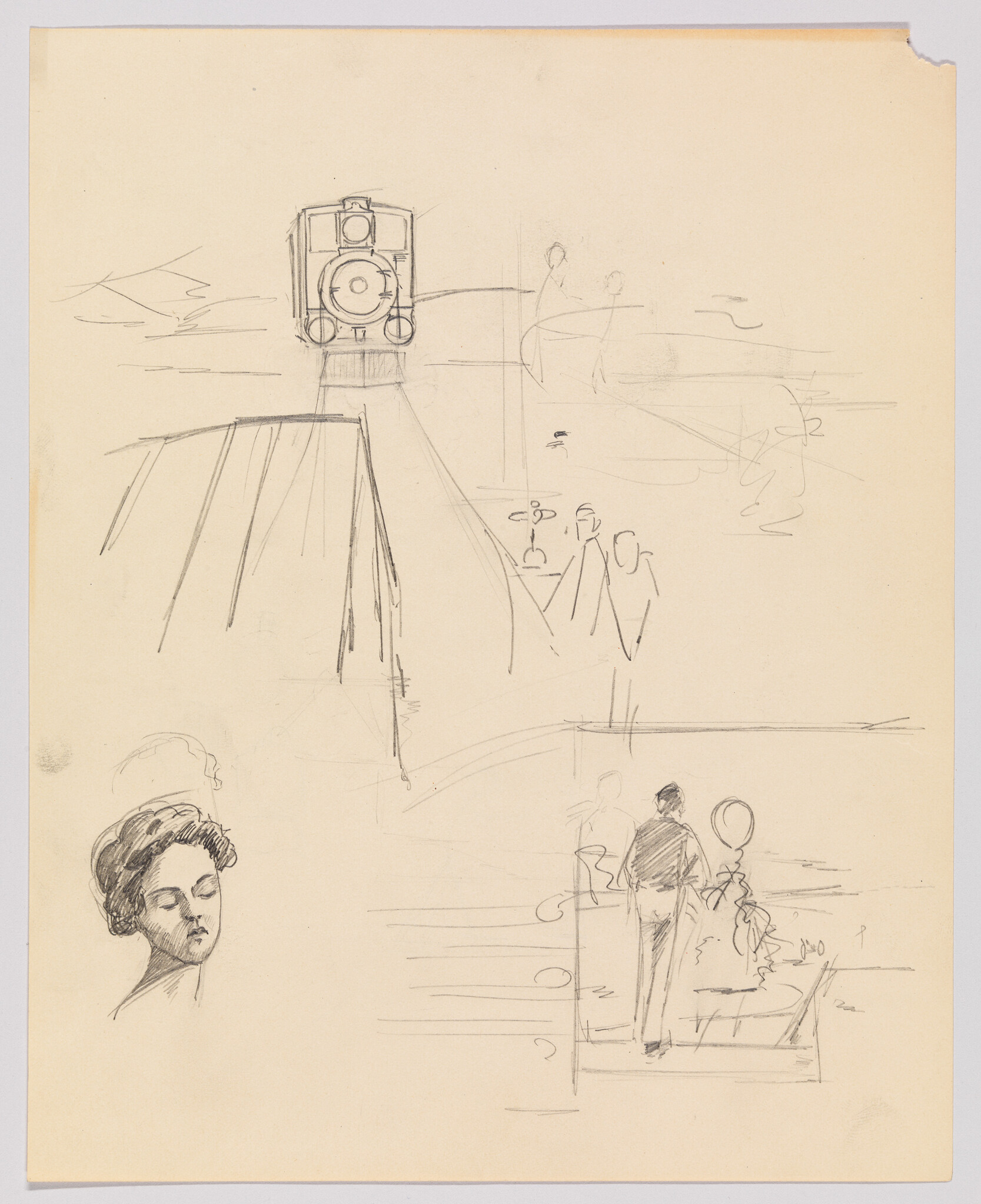 A pencil sketch of a train approaching on tracks with a small figure holding a balloon nearby.