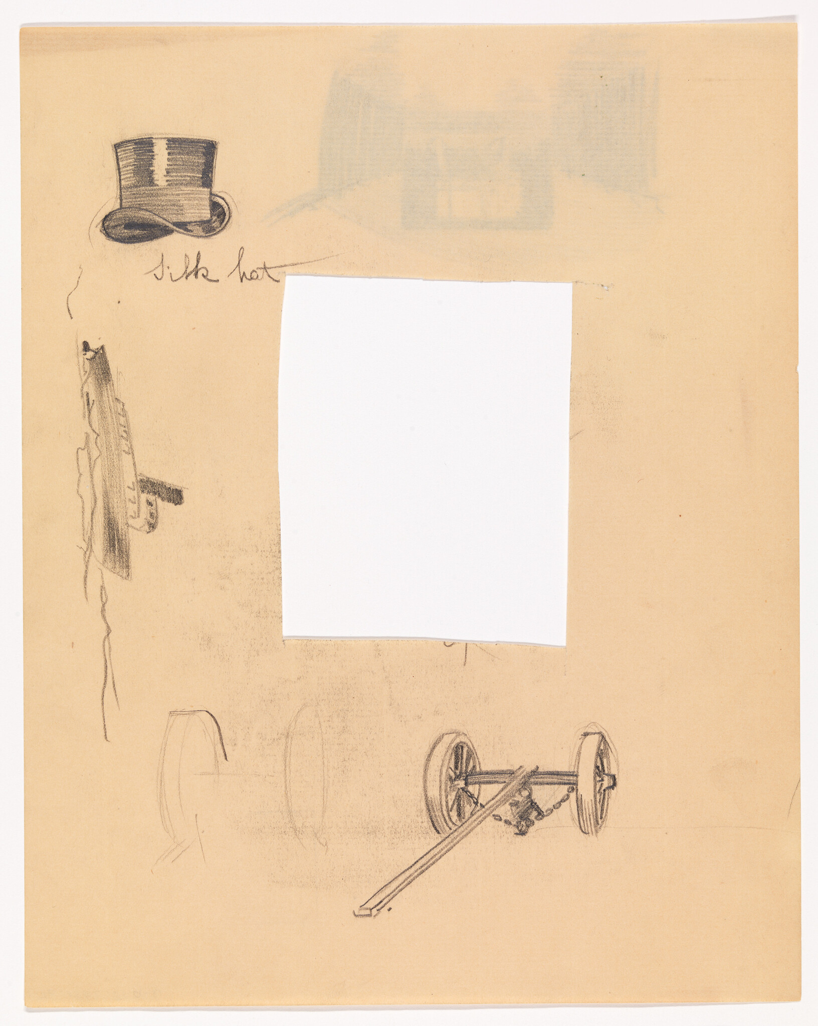 Sketches of a top hat labeled "silk hat" and a wheeled axle with a long pole.