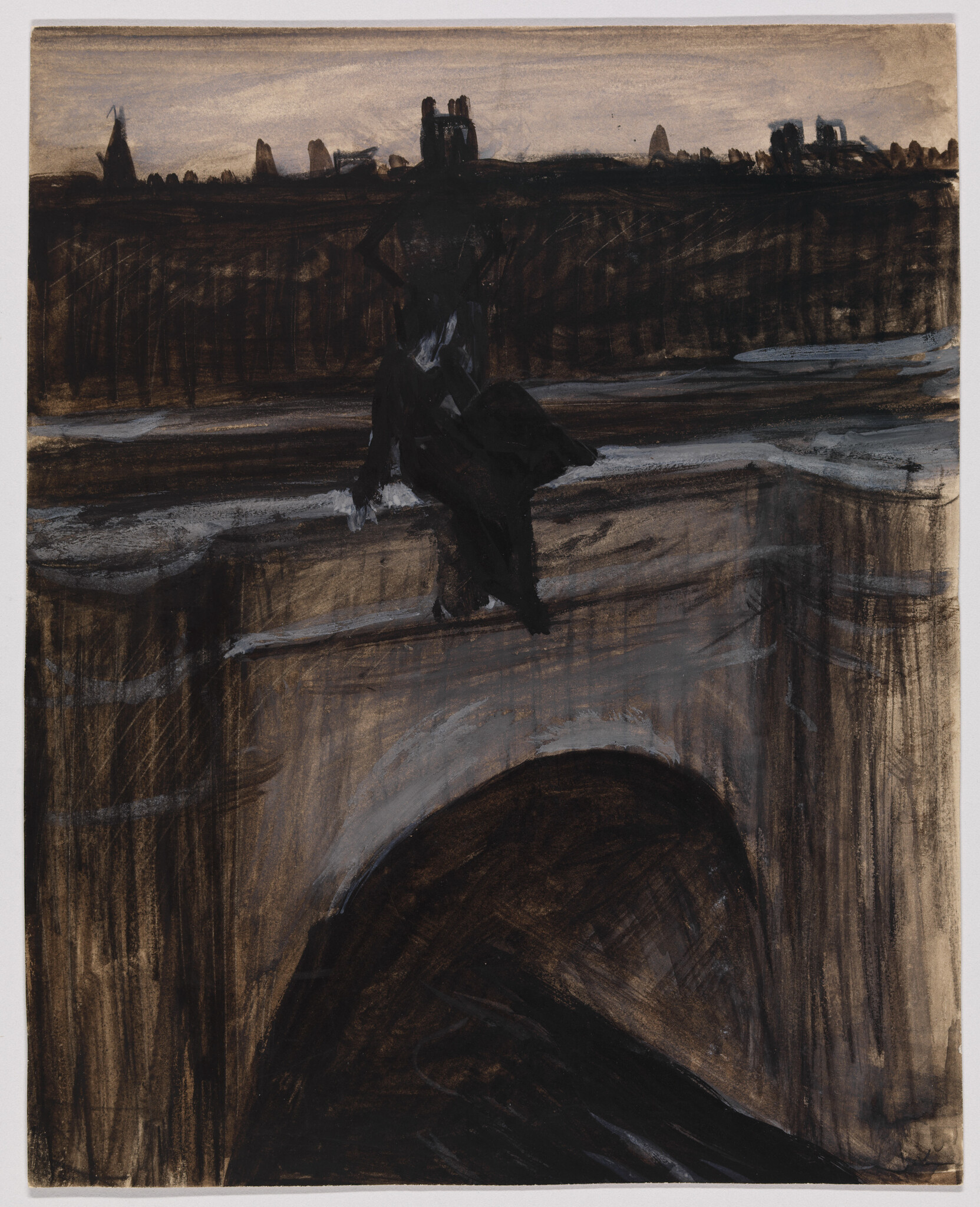 A lone dark-clad figure sits on a bridge railing overlooking a shadowed arch and river.