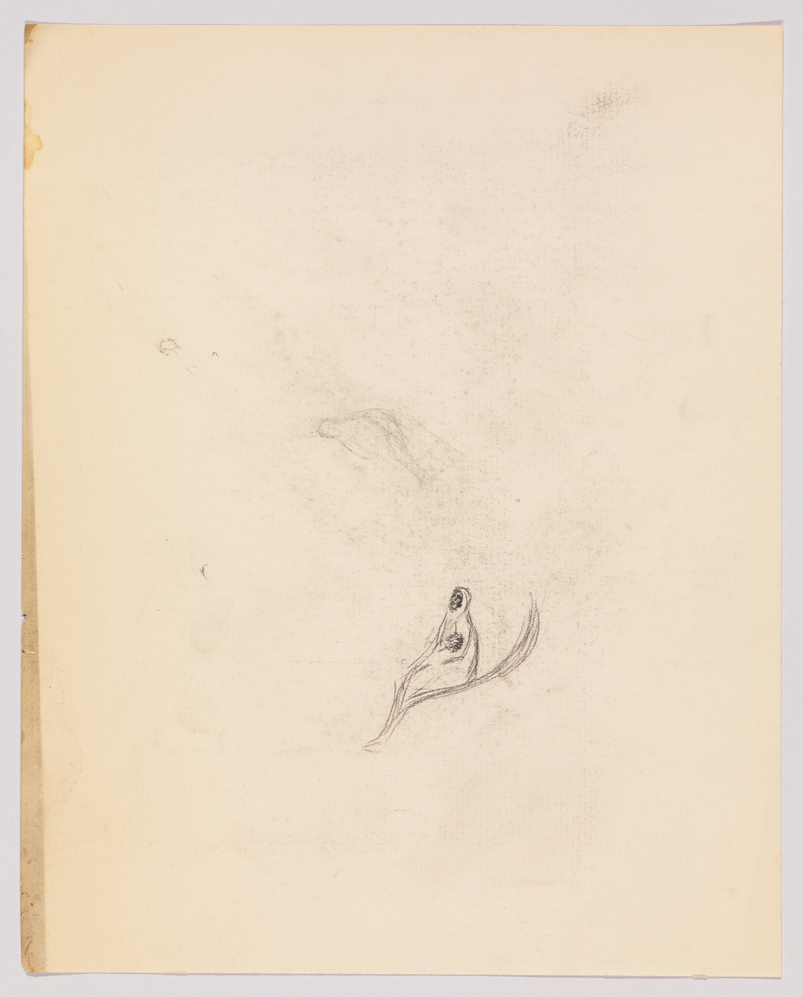 Small pencil sketch of a seated person cradling a child inside a curved leaf-like shape.