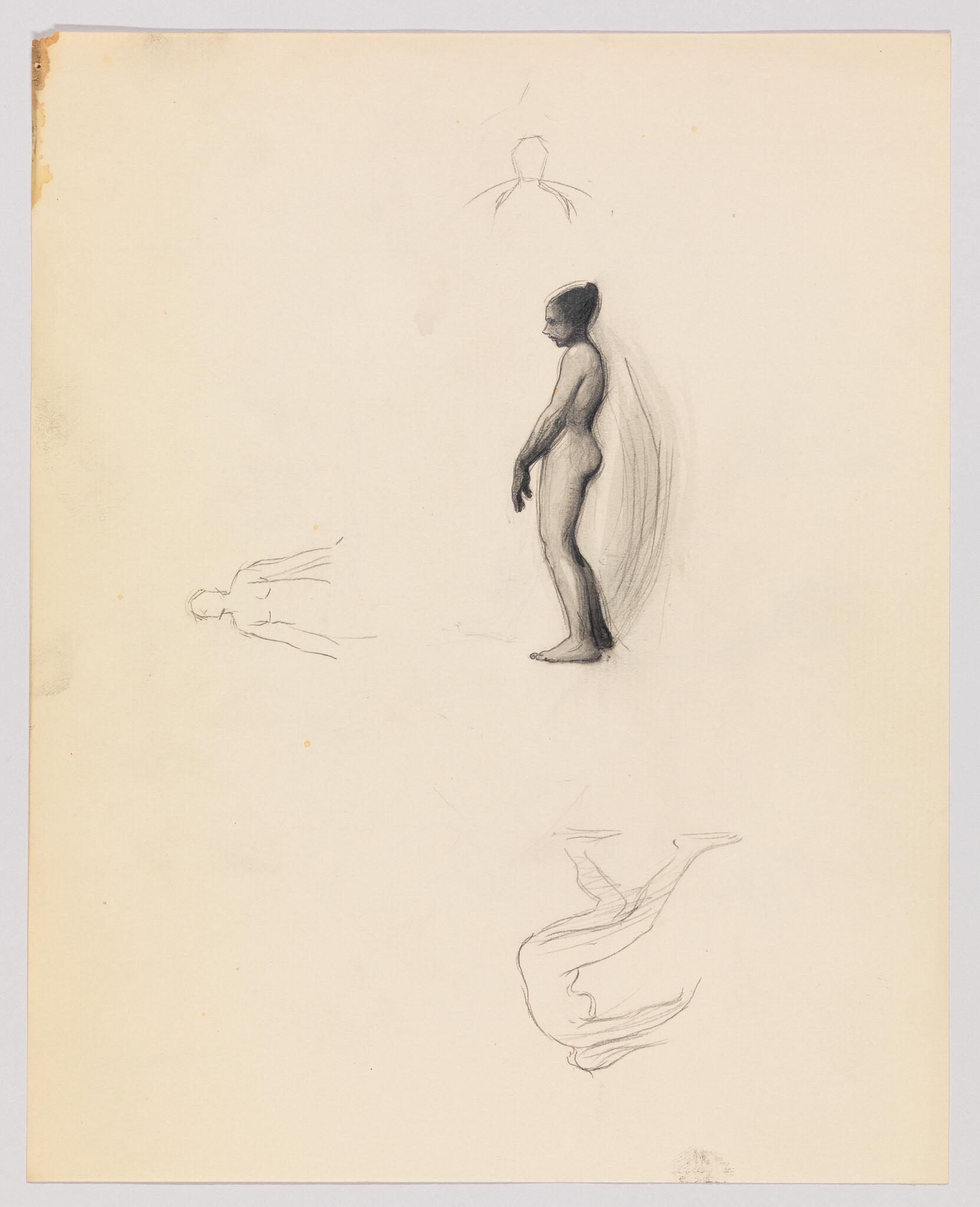 A pencil sketch of a standing nude woman in profile with faint figure studies around her.