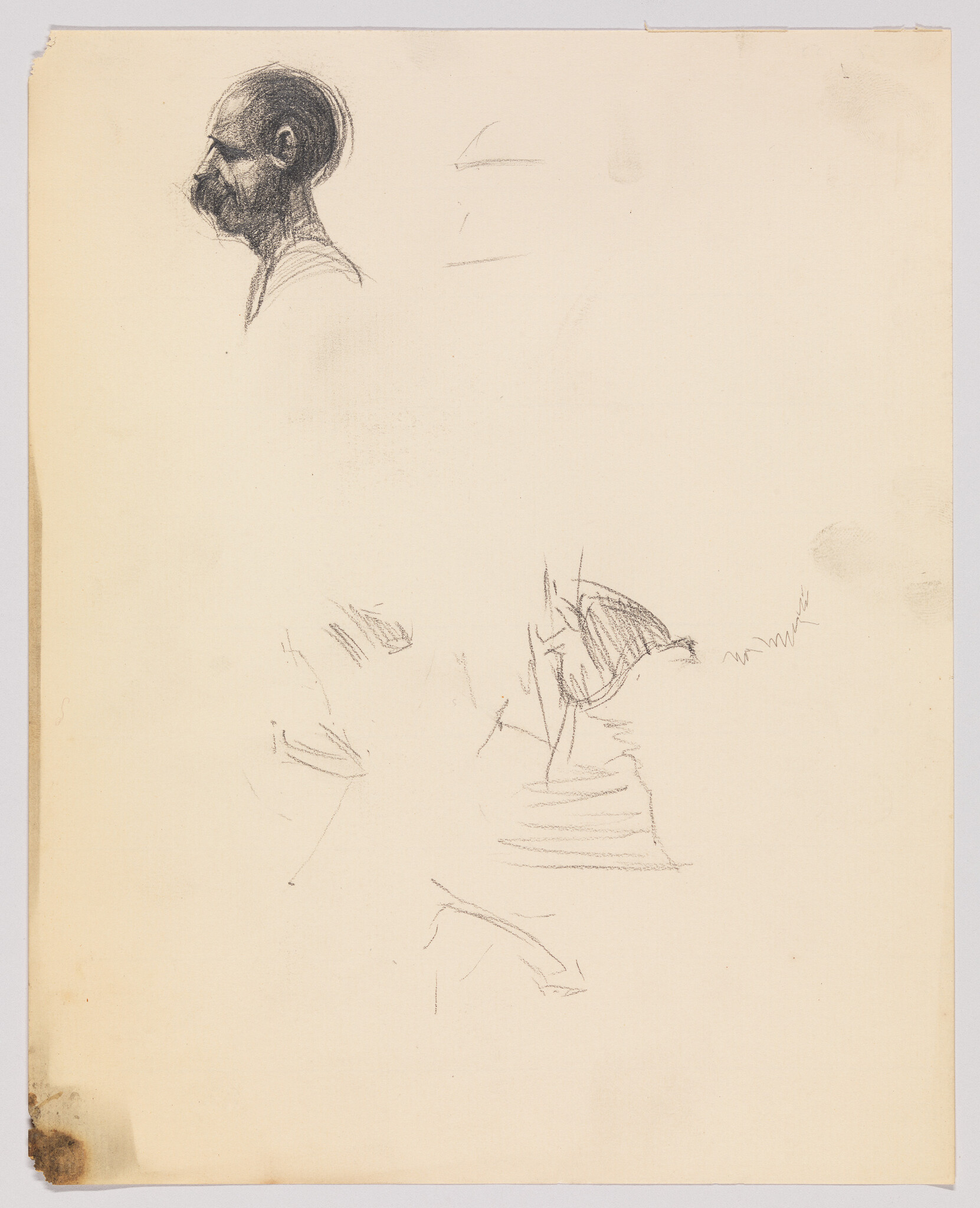 Pencil sketch of an elderly man in profile with faint studies of clothing and lines.