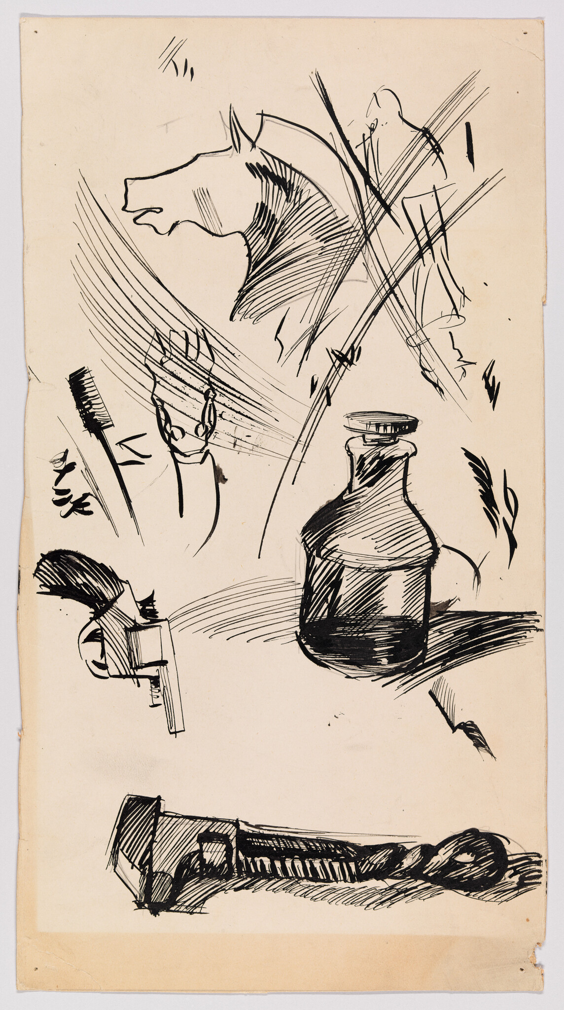 Ink sketches of a horse head, glass bottle, wrench, and small gun on paper.