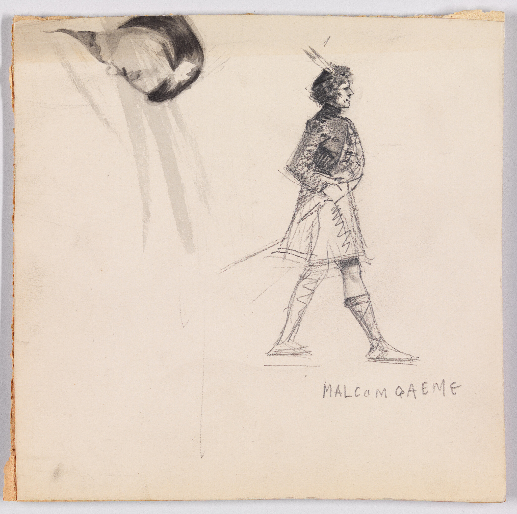 A pencil sketch of a walking man in medieval clothing labeled Malcolm Gaeme.