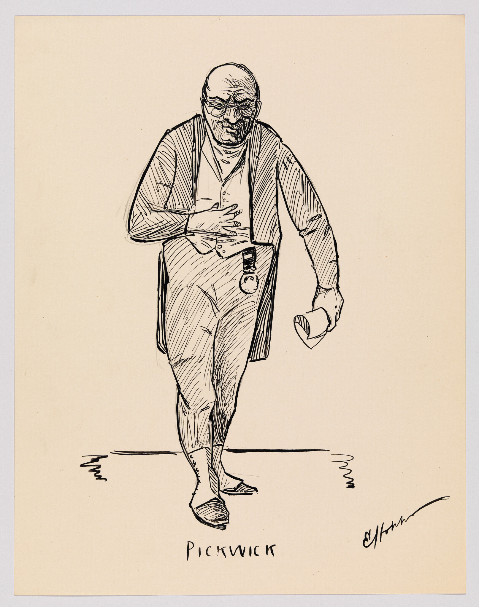 An elderly man labeled Pickwick clutches his chest with one hand and holds a hat.