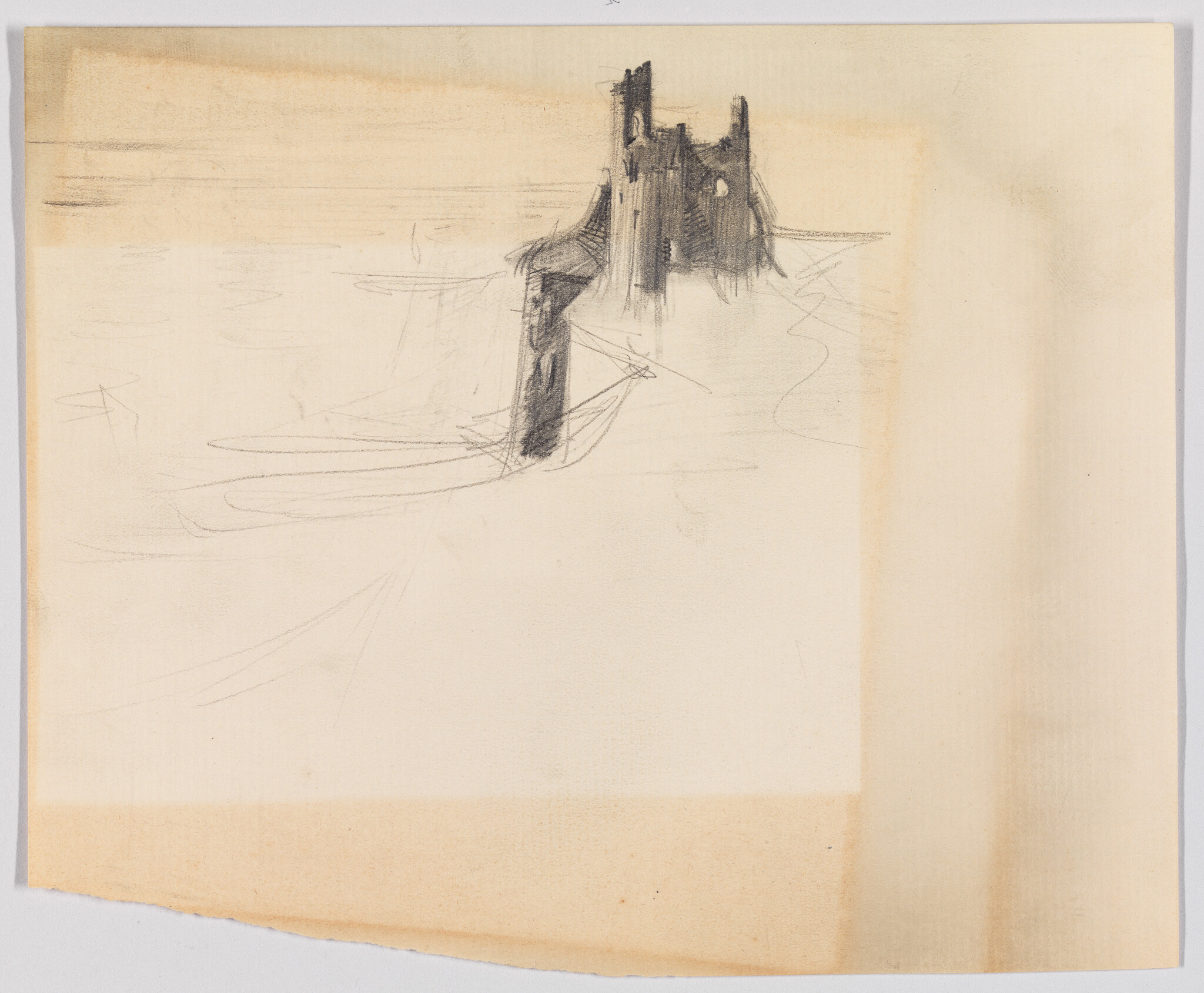 A rough pencil sketch shows a small ruined castle on a cliff with faint landscape lines.