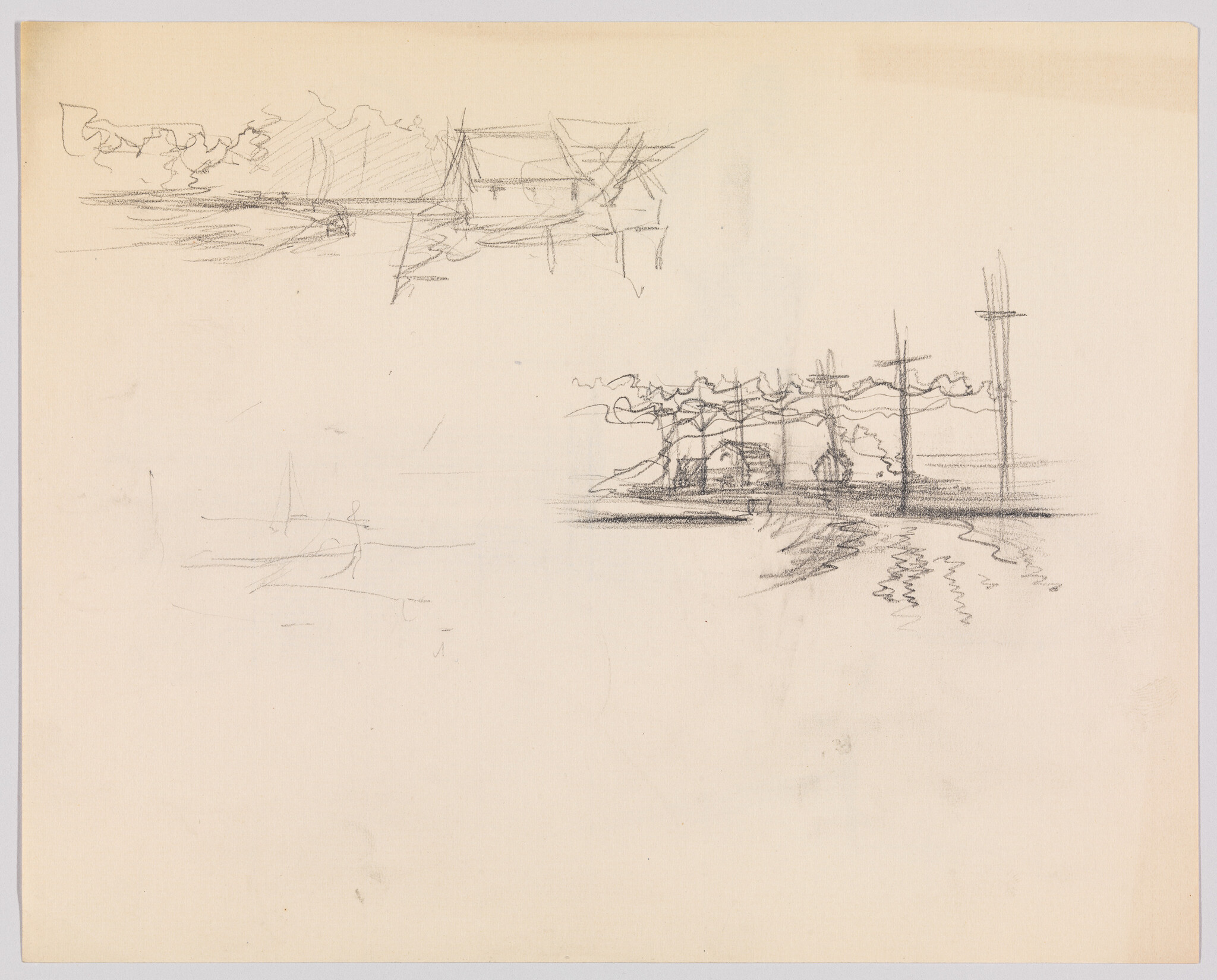 Small pencil sketch of a shoreline with trees, huts, tall poles, and water reflections.