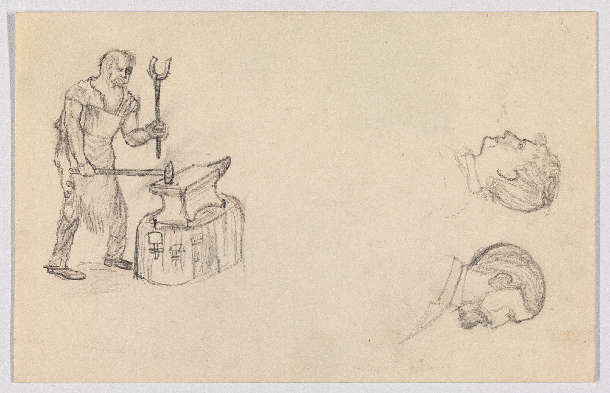 A blacksmith holding tongs and hammering a glowing piece of metal on an anvil.