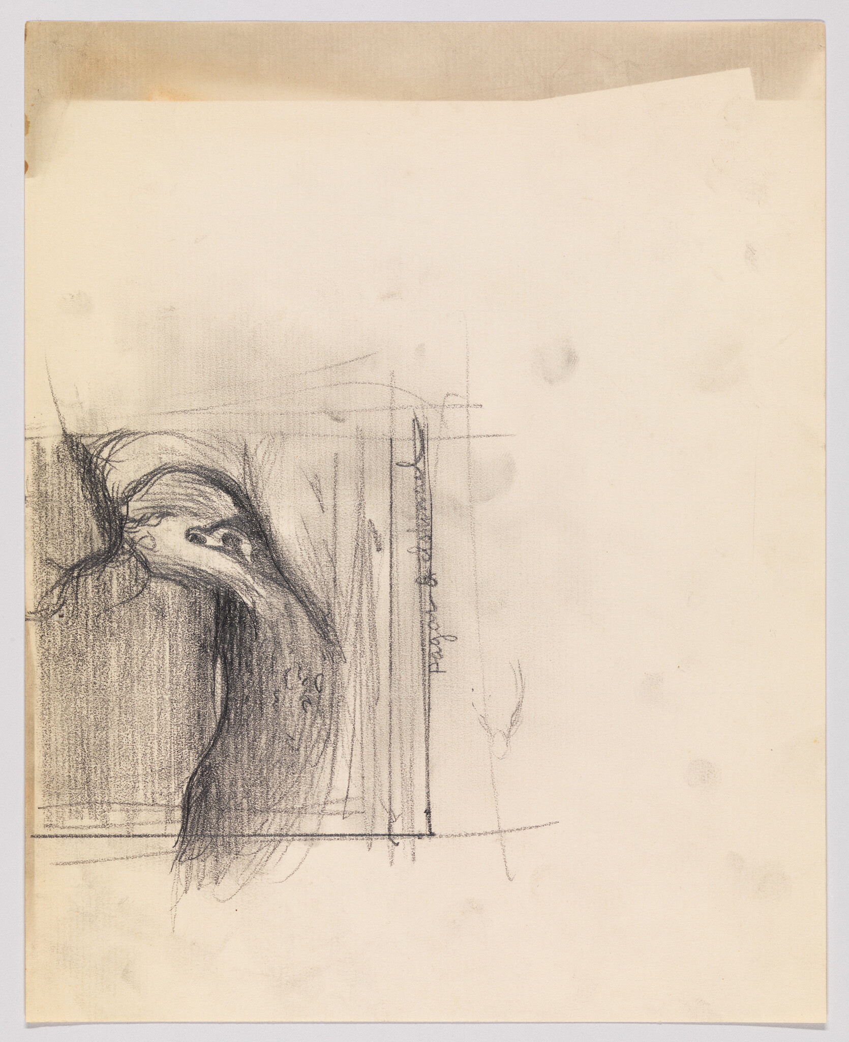 A sketch on aged paper featuring an abstract figure with flowing lines and dark shading, possibly representing a human or animal form, with additional faint lines and shapes suggesting an architectural or geometric context. The paper shows signs of wear and discoloration.