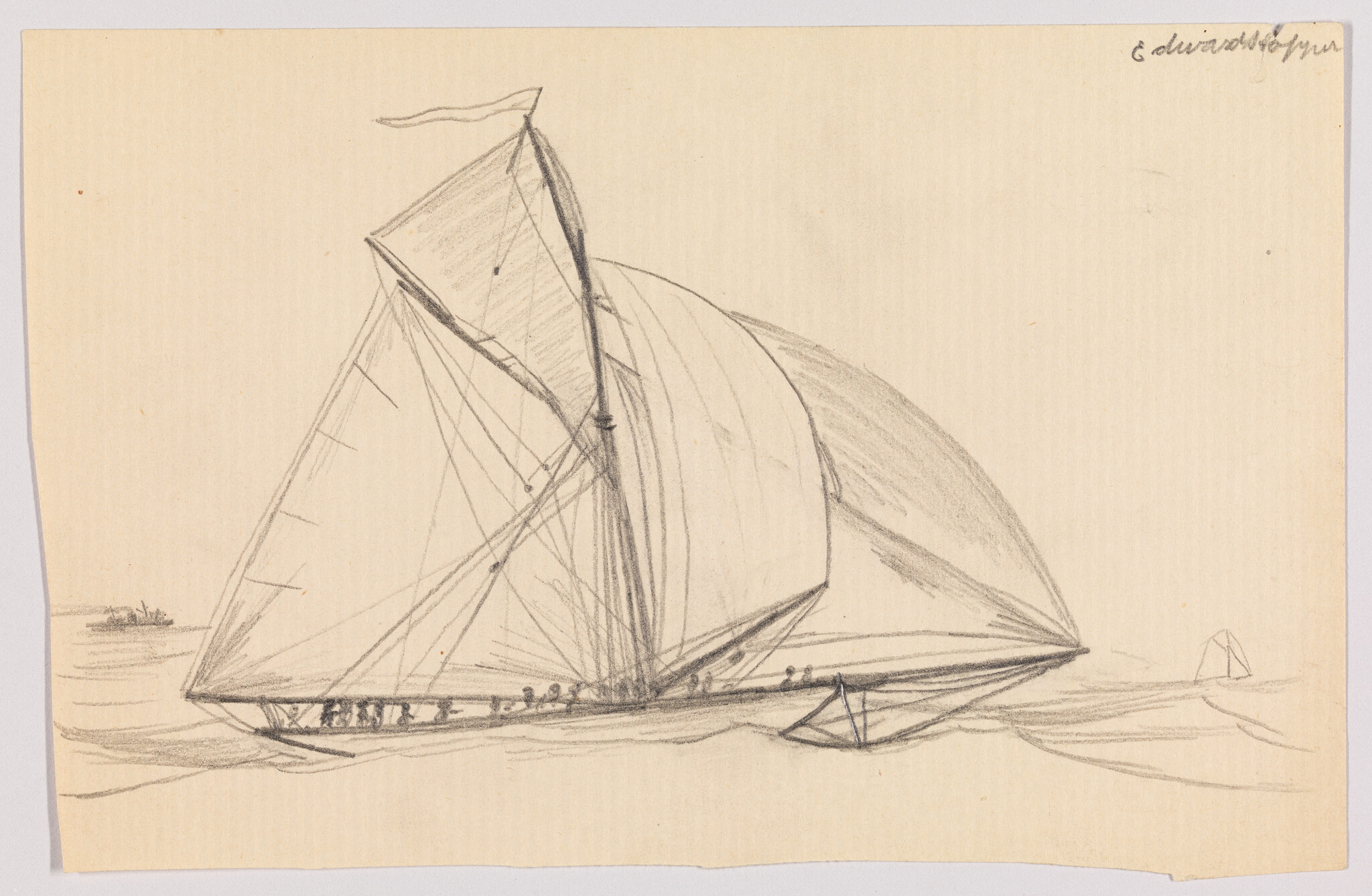 Pencil sketch showing a sailboat with large billowing sails crossing calm water.