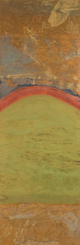 Large green rounded shape with a red rim against a textured brown and gold background.