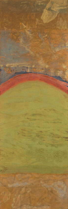 Large green rounded shape with a red rim against a textured brown and gold background.