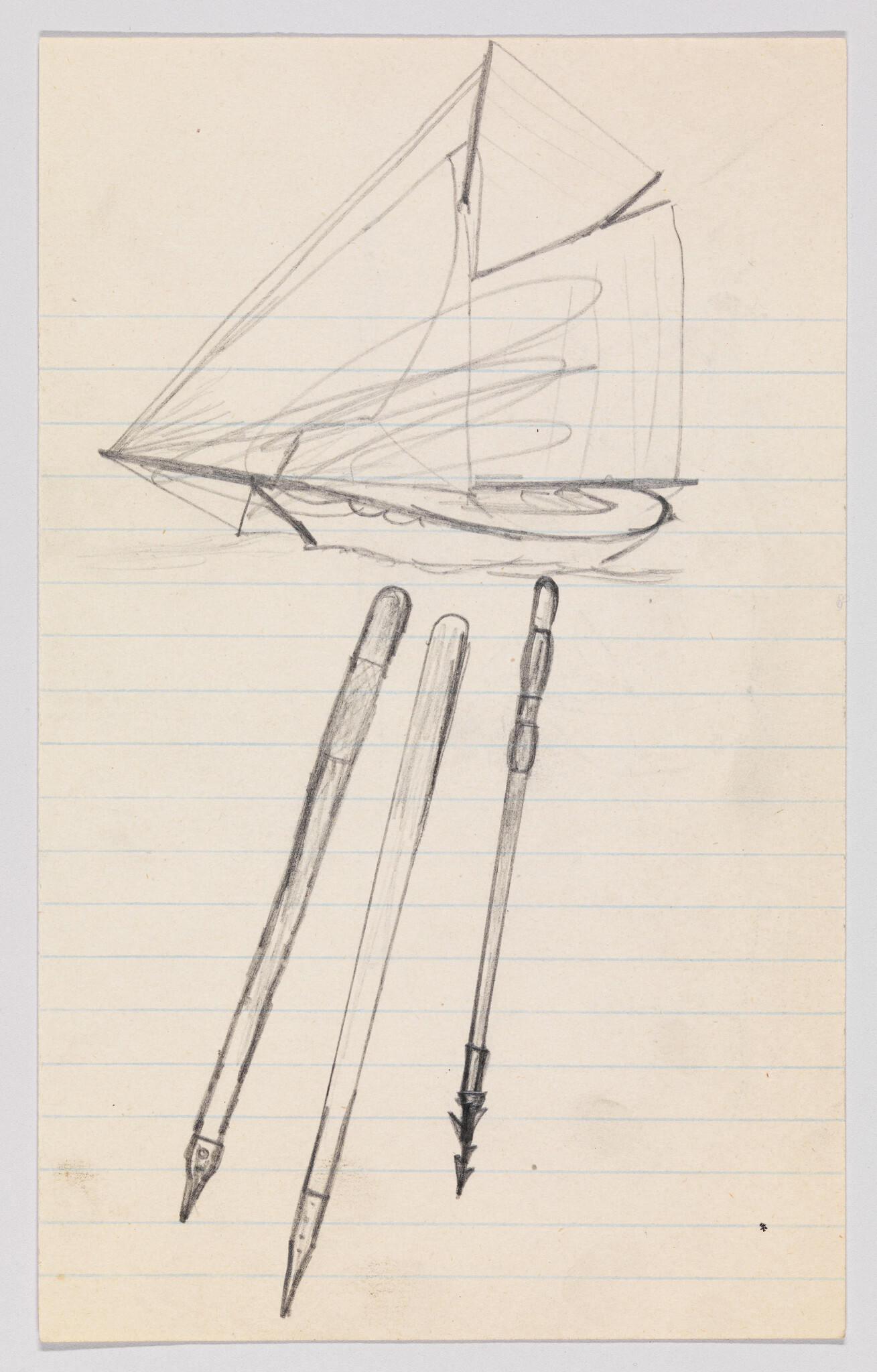 A pencil sketch showing a sailboat above three long pen nibs or styluses.