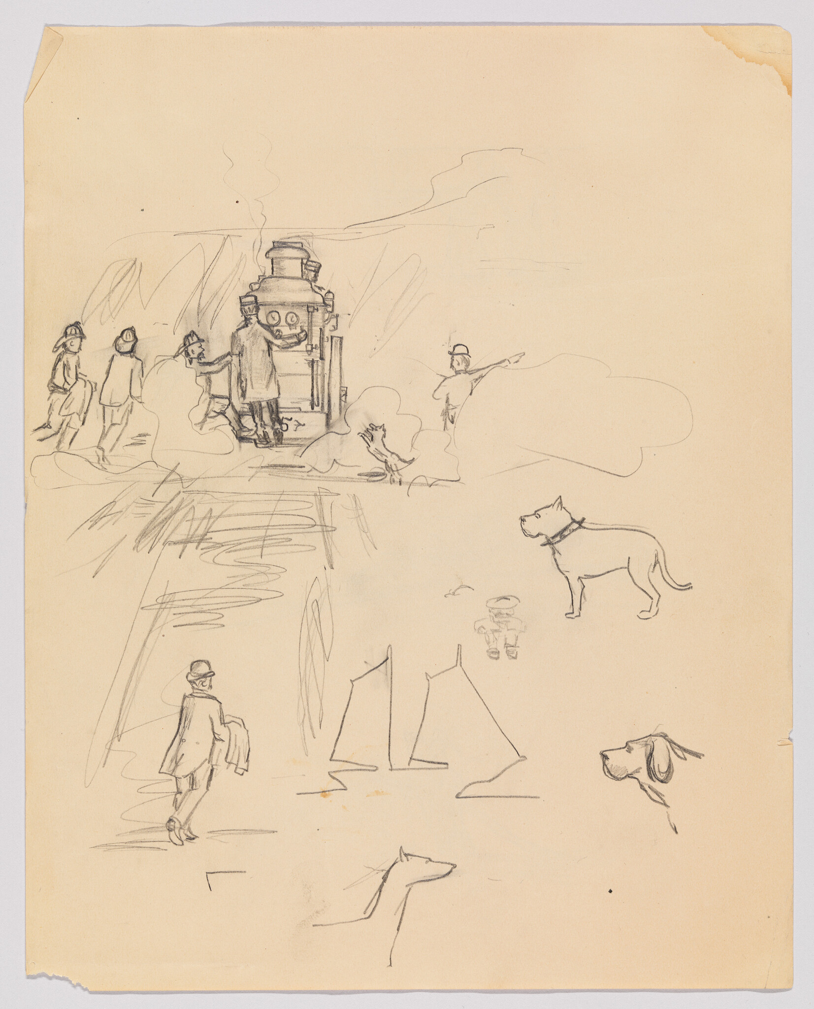 A group of people work around a steaming locomotive while several dogs and sketches appear nearby.