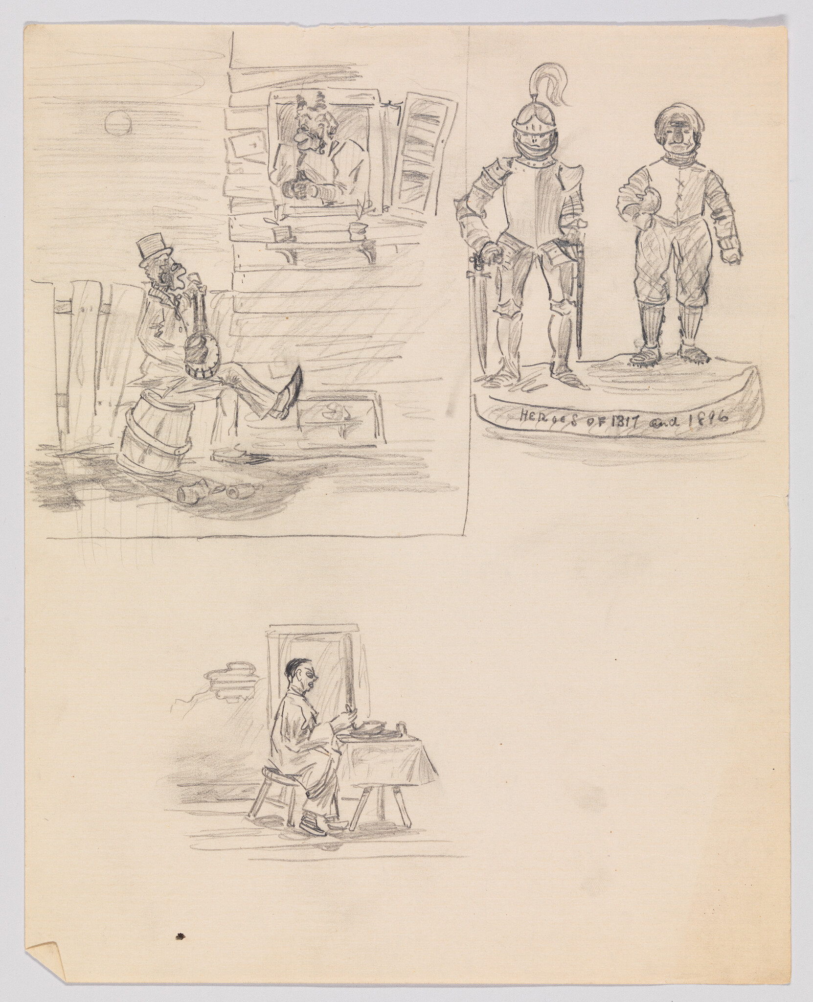Three pencil sketches showing seated men in separate scenes and two figures in armor on a pedestal.